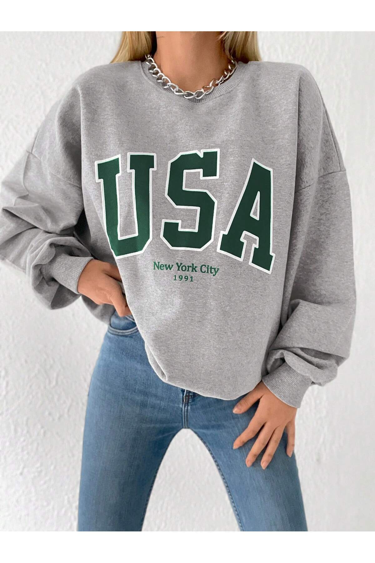 Miyalon Kadın Oversize USA Baskılı Bisiklet Yaka Sweatshirt
