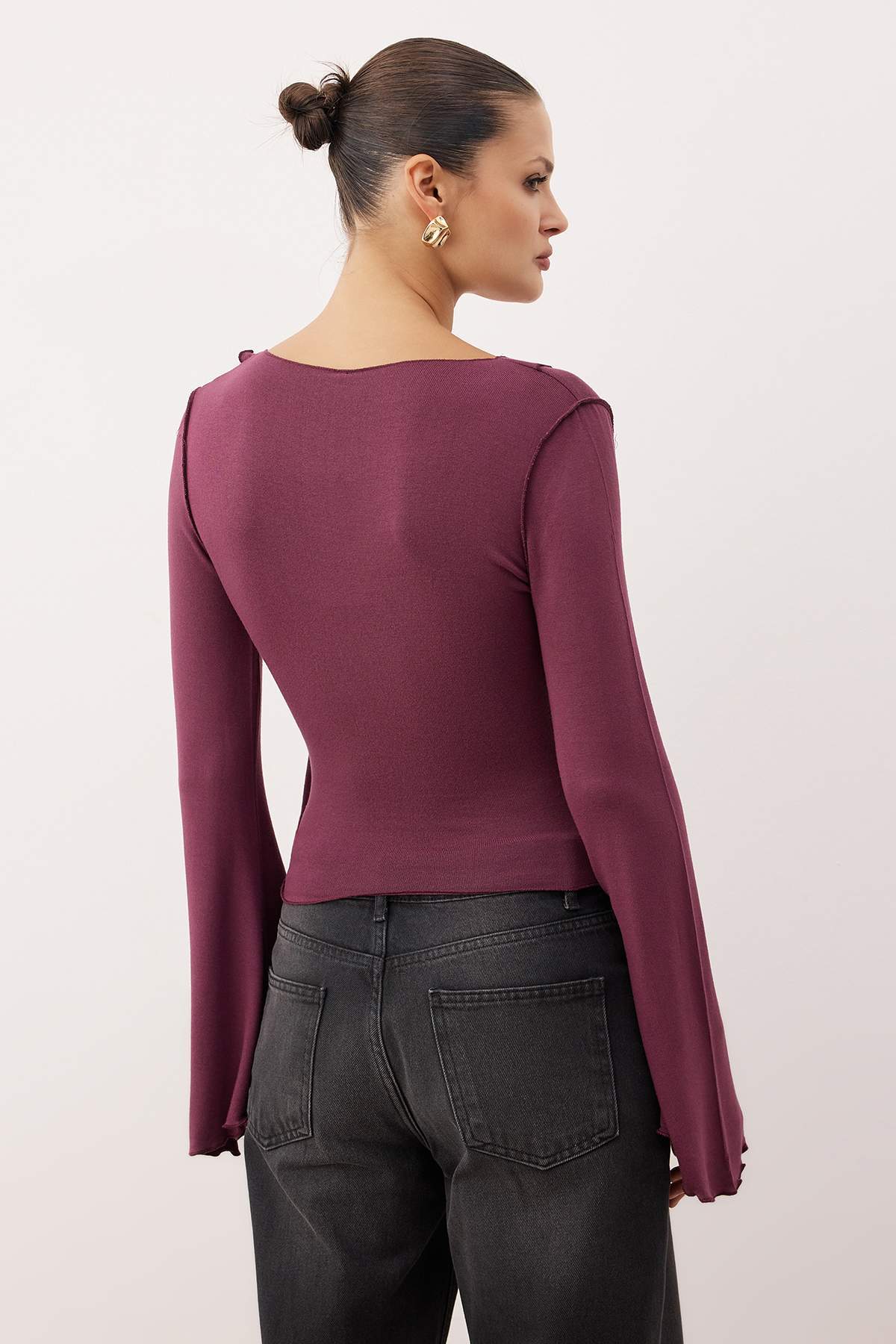 Trendyolmilla  Mürdüm Anvelop Triko Görünümlü İspanyol Kol Regular/Normal Kalıp Örme Bluz TWOAW25BZ00151 - Görsel 4