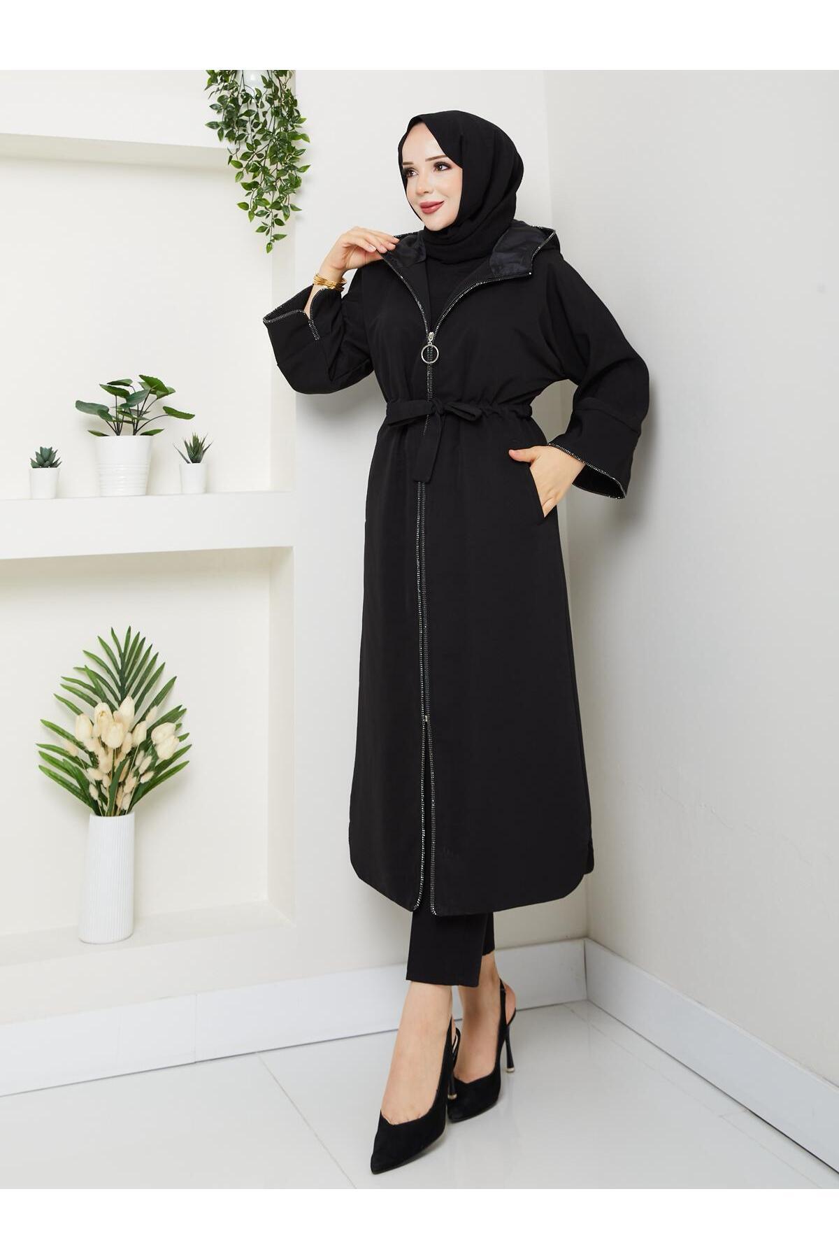 RACE FASHİON Fermuarlı Kapüşonlu Kemerli Astarlı Tesettürlü Kap RC1203048