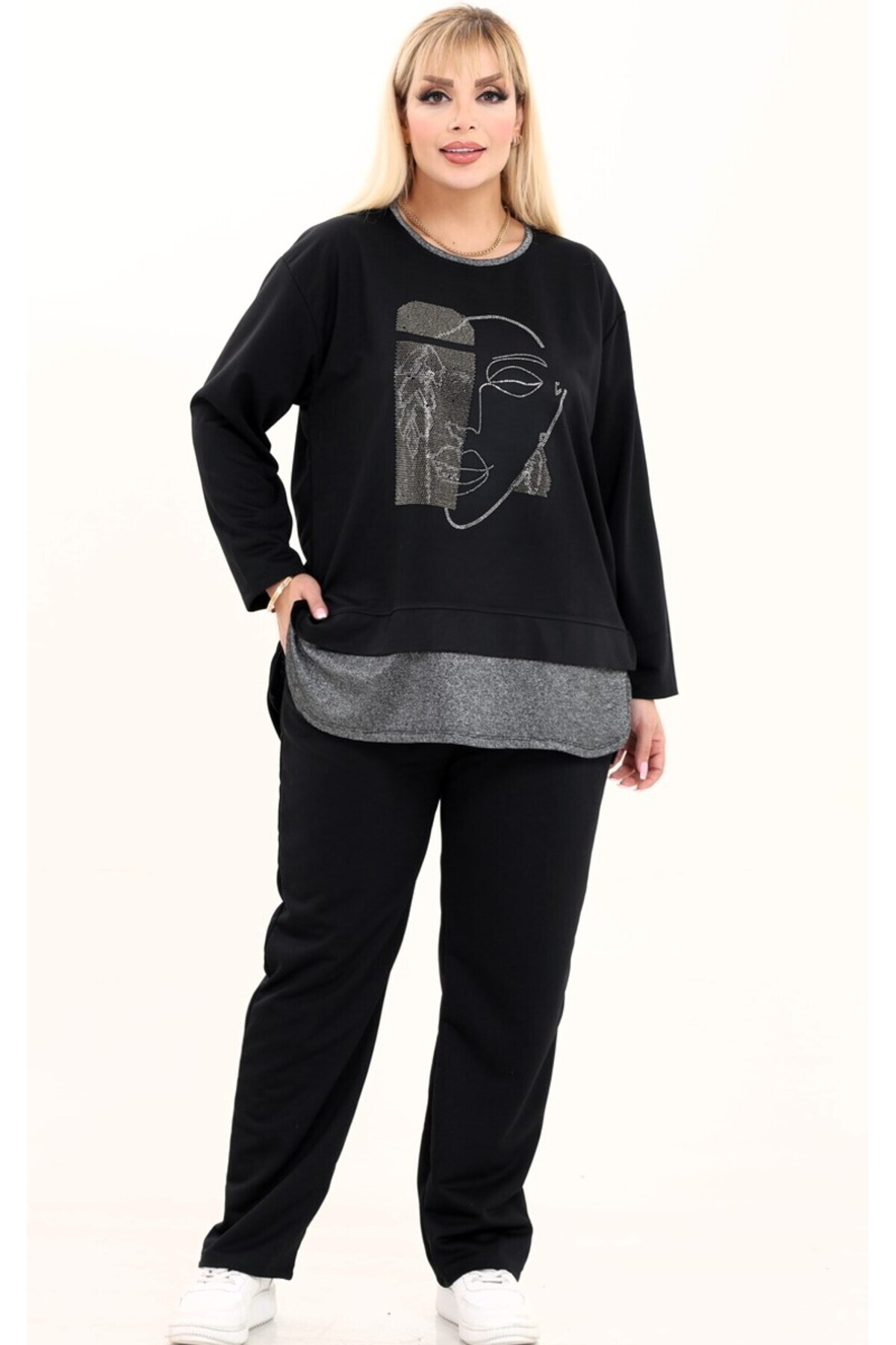 Kheos Yuvarlak Yaka Sim Detaylı Taş Işlemeli Beli Bağcıklı Cepli Büyük Beden Eşofman Takım