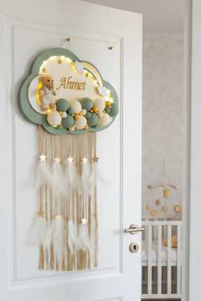 BL Baby Lüks Bubble Ledli Bulut Bebek Kapı Süsü Yeşil Kenar Krem Zemin