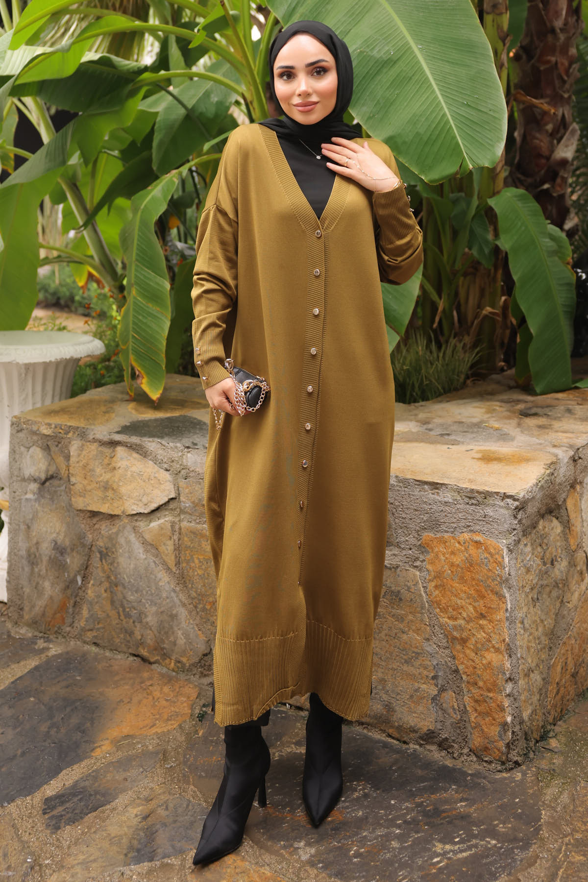 İmajButik Yağ Yeşili Soğuk İplik Triko Hırka