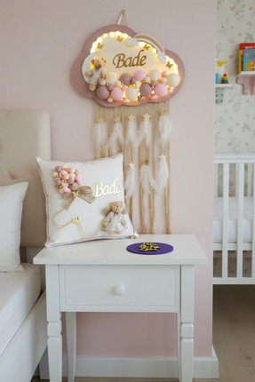 BL Baby Lüks Bubble Ledli Bulut Bebek Kapı Süsü Ve Yastık Pudra Kenar Krem Zemin