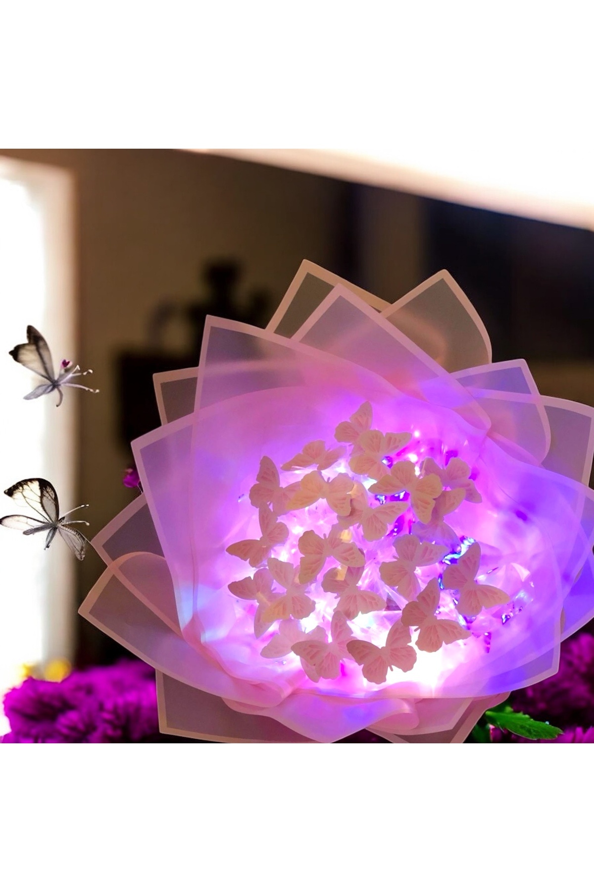 exzone Işıklı Pembe Kelebek Buketi- Anneye Sevgiliye Arkadaşa Özel Kalıcı Yapay Hediye