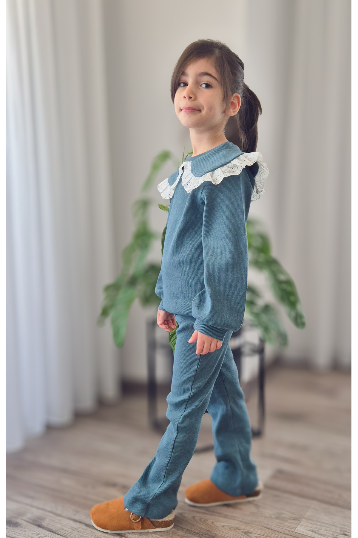 BALKABAĞI Petrol Fitilli Vintage Yaka Sweat & Ispanyol Paça Pantolon 2li Kız Çocuk Takım fotoğrafı 7 (önizleme)