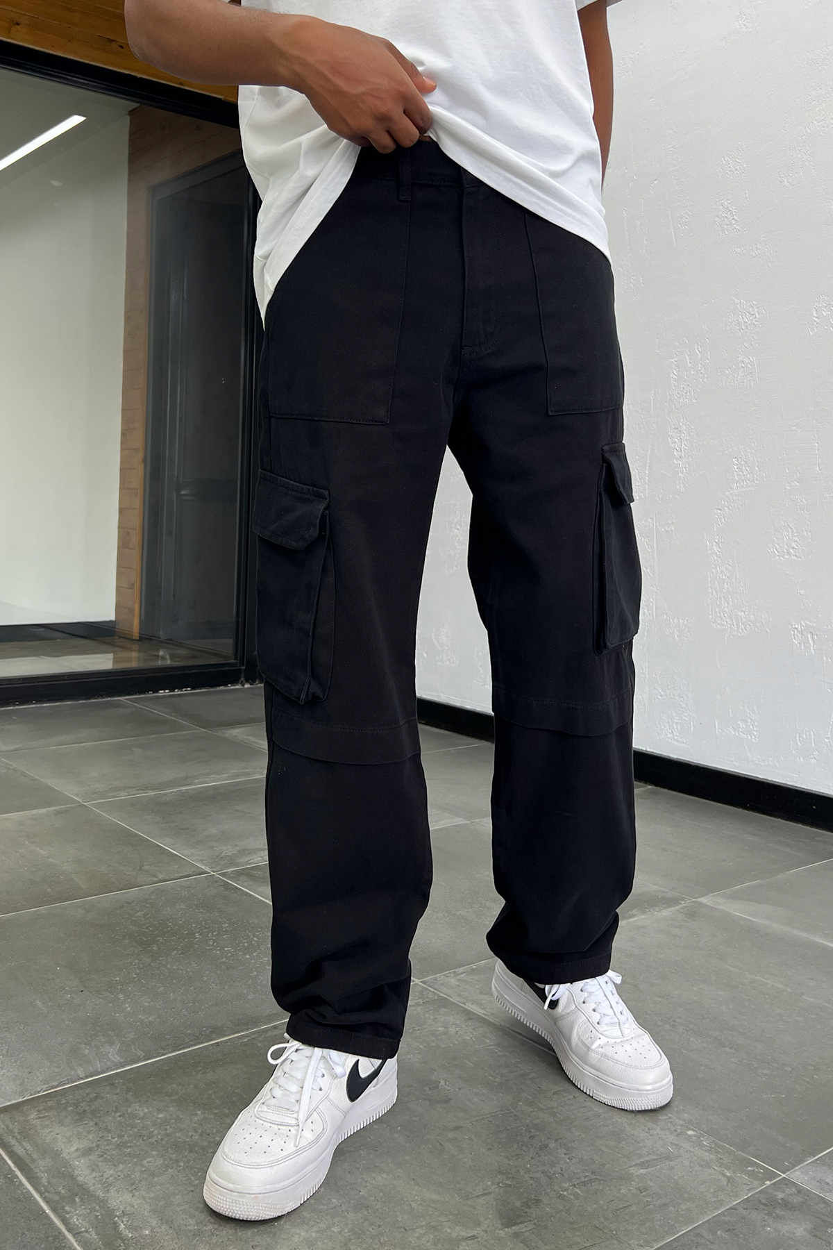 Erkek Siyah Baggy Kargo Pantolon Pamuklu Kumaş — مشکی DR7030 — تصویر 3 از 5