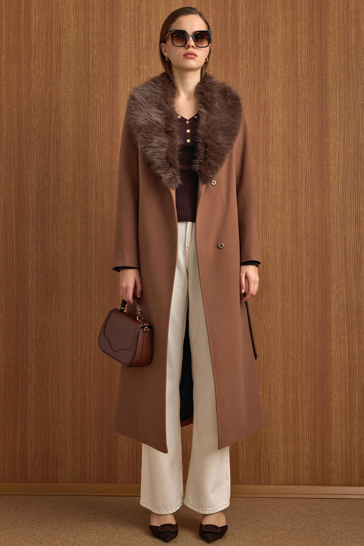 Long Coat WITH Detachable Fur Waist Tie TAN 3804