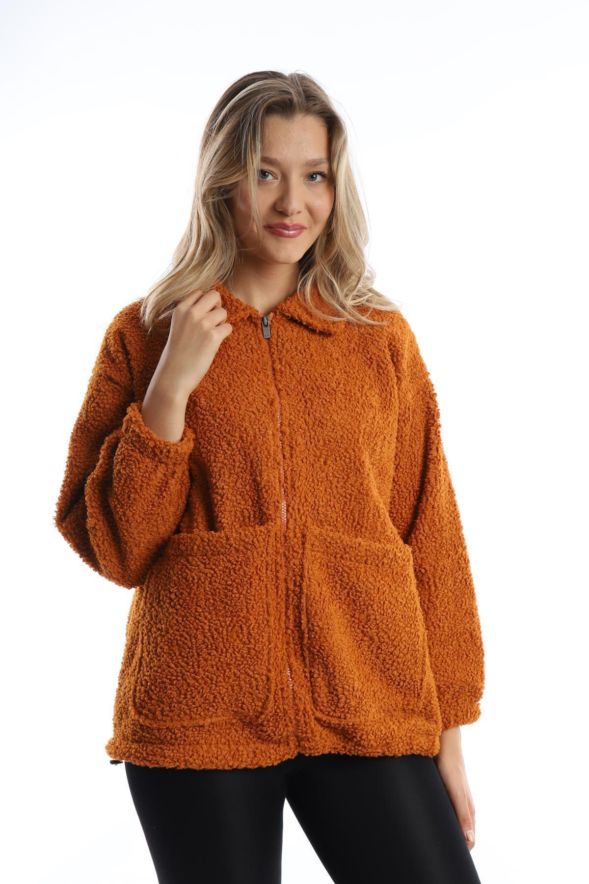 Women's Zippered Stopper Detailed Curly Plush Jacket Cinnamon