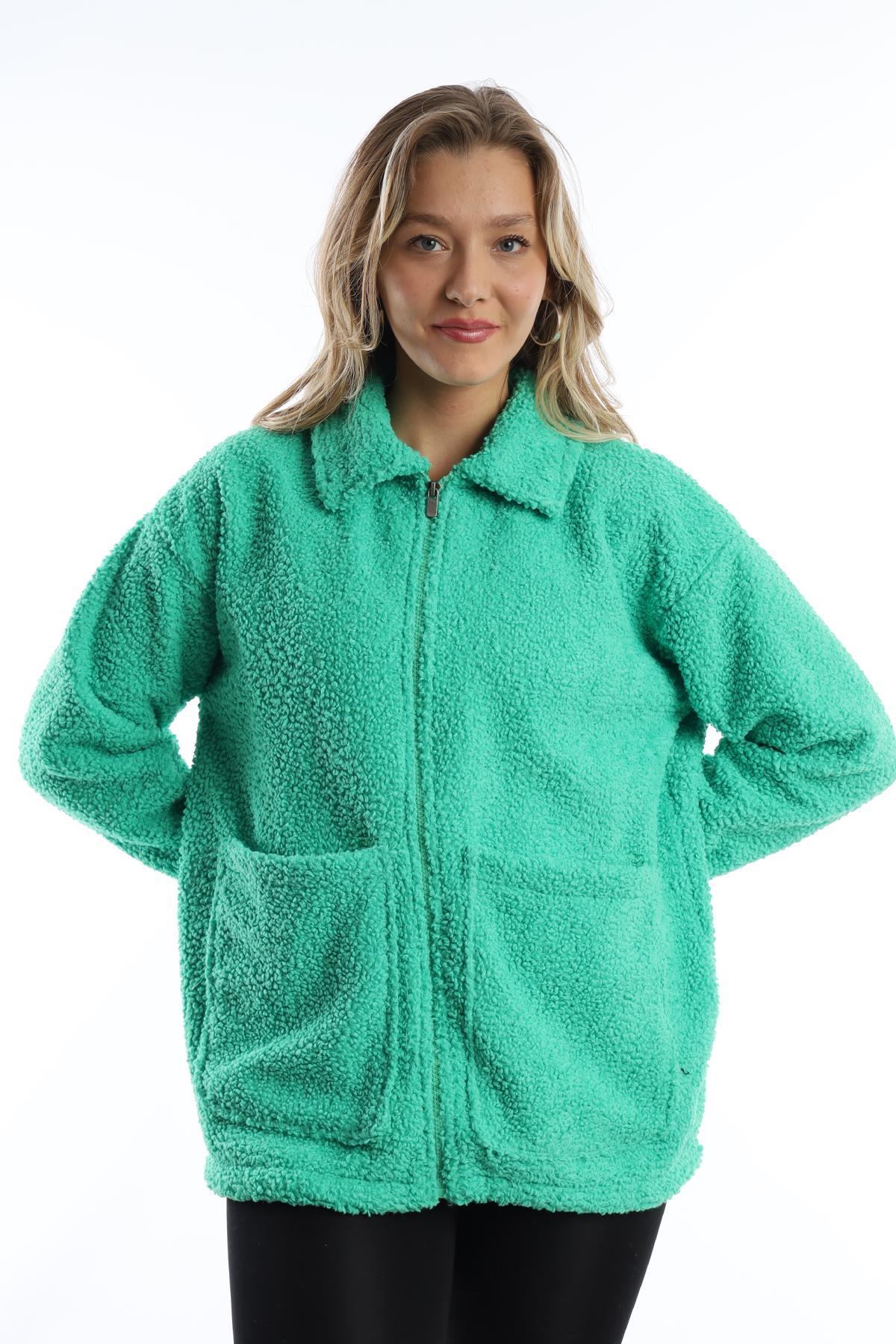 Women's Zippered Stopper Detailed Curly Plush Jacket Green