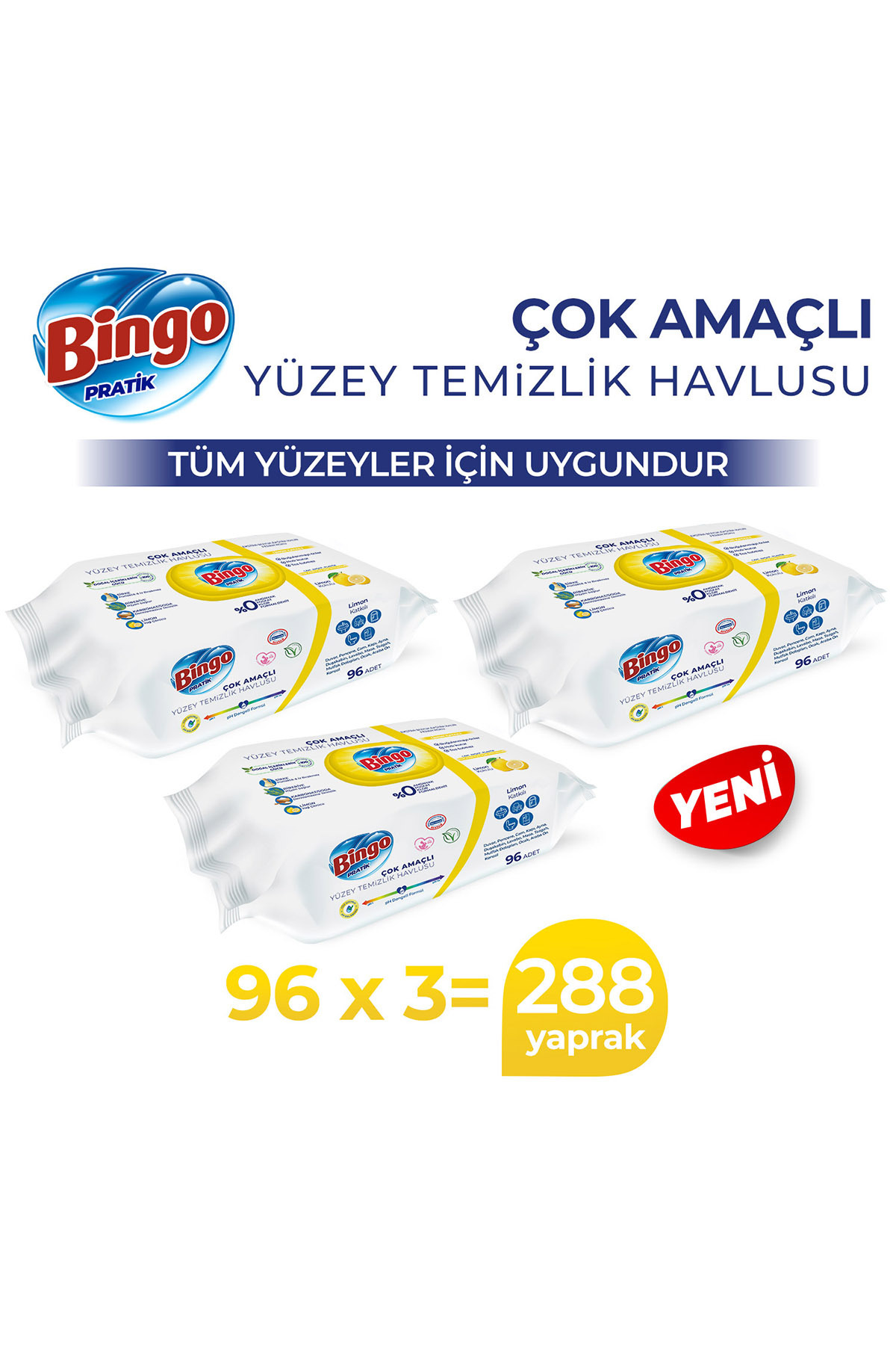 Bingo Pratik Yüzey Temizlik Havlusu Limon Kokulu 96x3 (288 Yaprak)