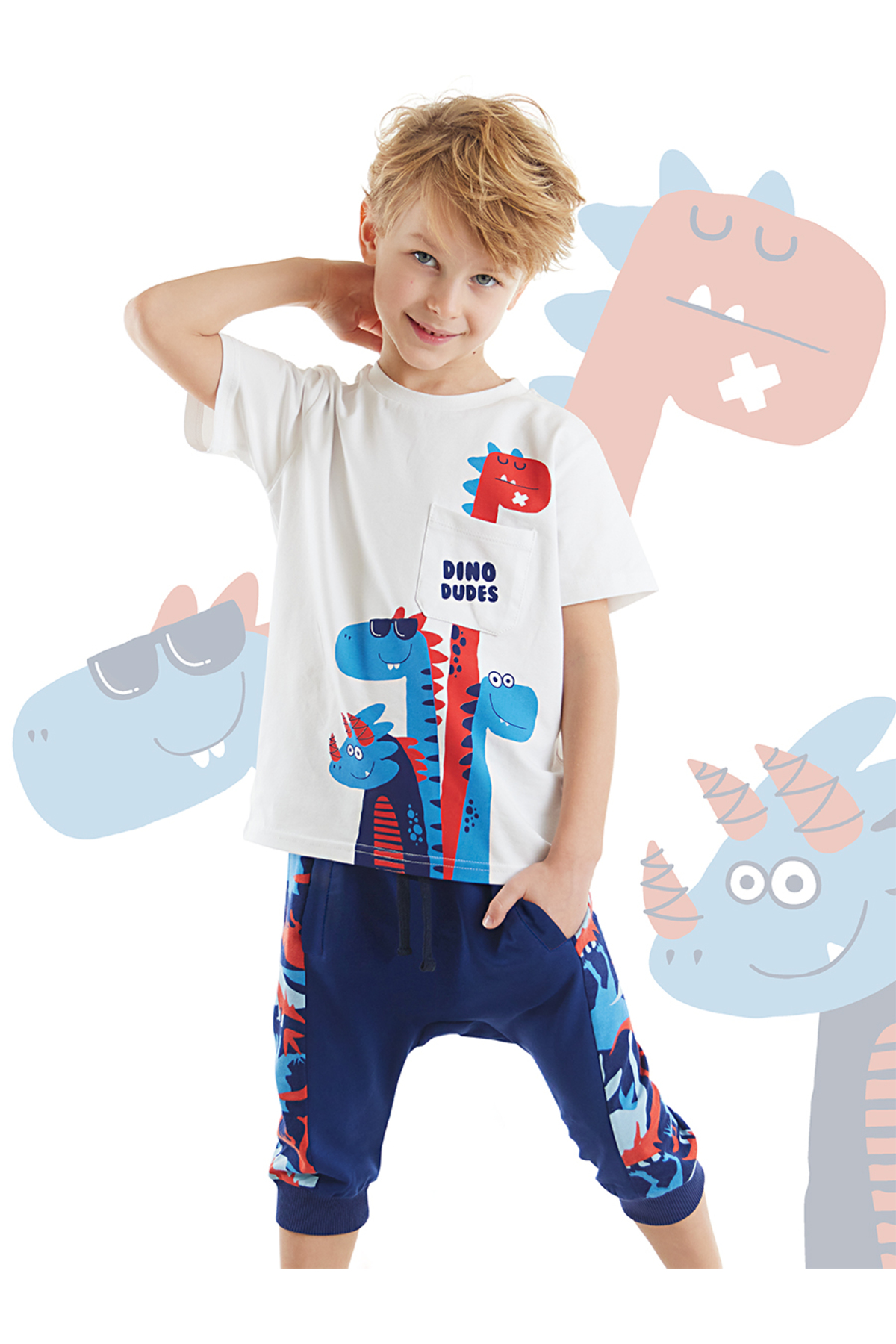 دنو کیدز ست تی‌شرت و شلوارک کاپری پسرانه Dino Dudes