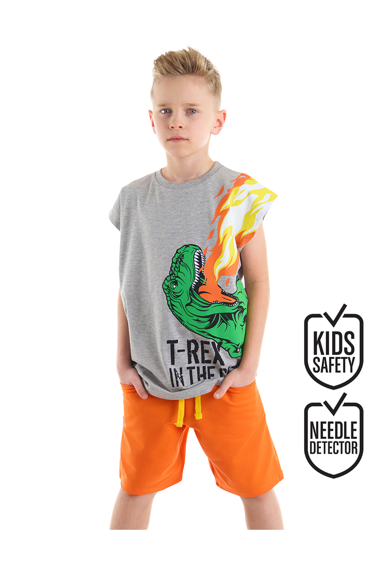 ست تی‌شرت و شلوارک تابستانی آستین‌دار پسرانه طرح شعله تی‌رکس