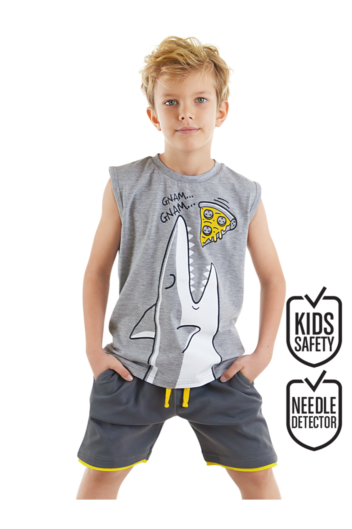 ست شلوارک تی‌شرت آستین‌دار تابستانی طرح Pizza Shark Boy