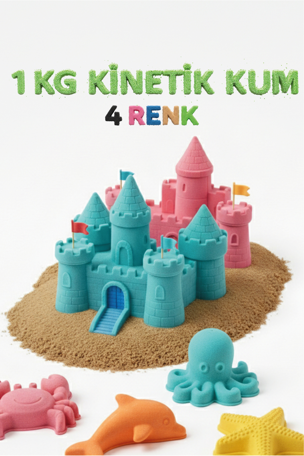 HEROES 4 Farklı Renk Kinetik Kum 1 Kg - Akışkan Eğitici Kinetik Oyun Kumu - Oyun Kalıpları Hediyeli 4x250gr