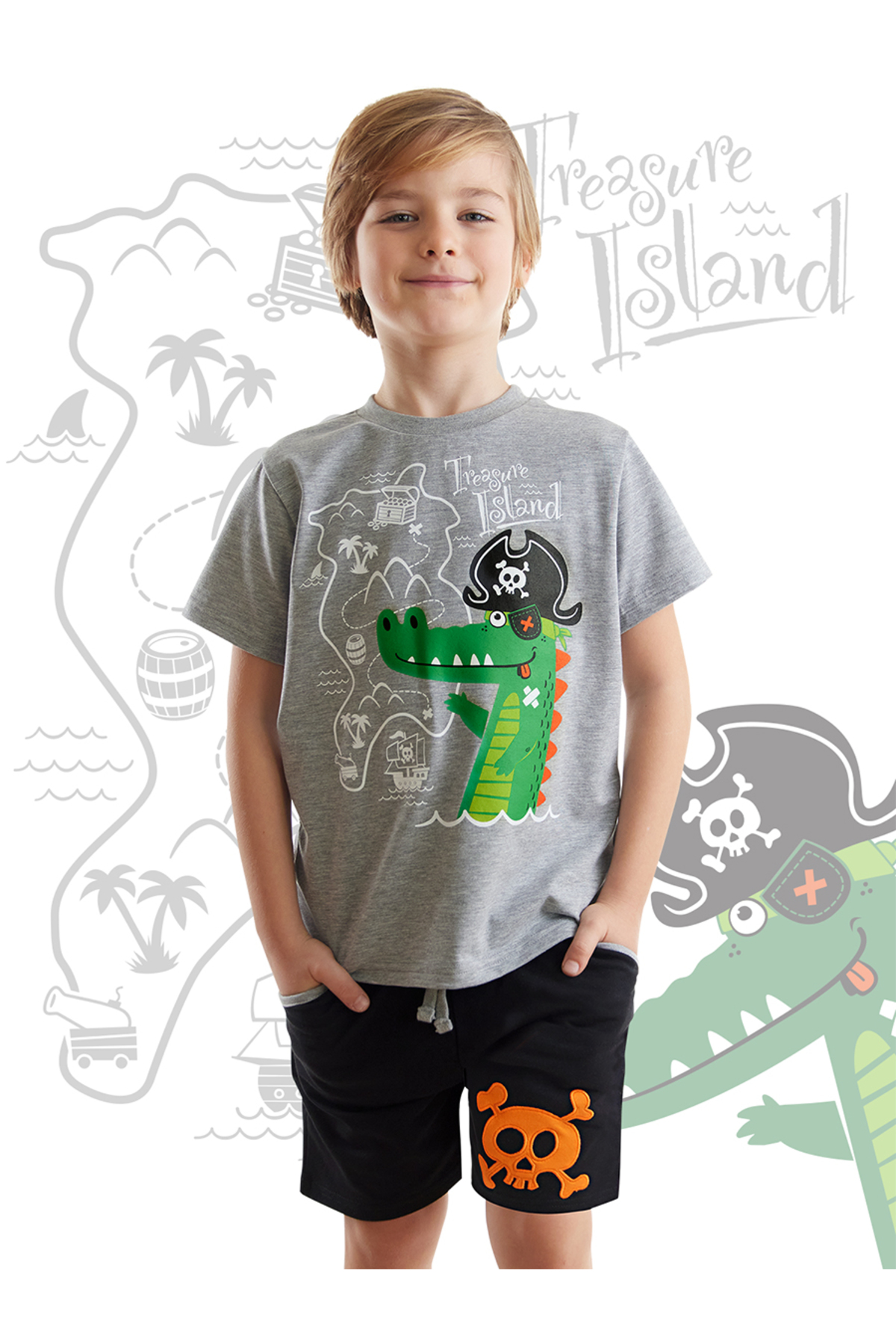 دنو کیدز ست تی‌شرت و شلوارک پسرانه طرح تمساح دزدان دریایی