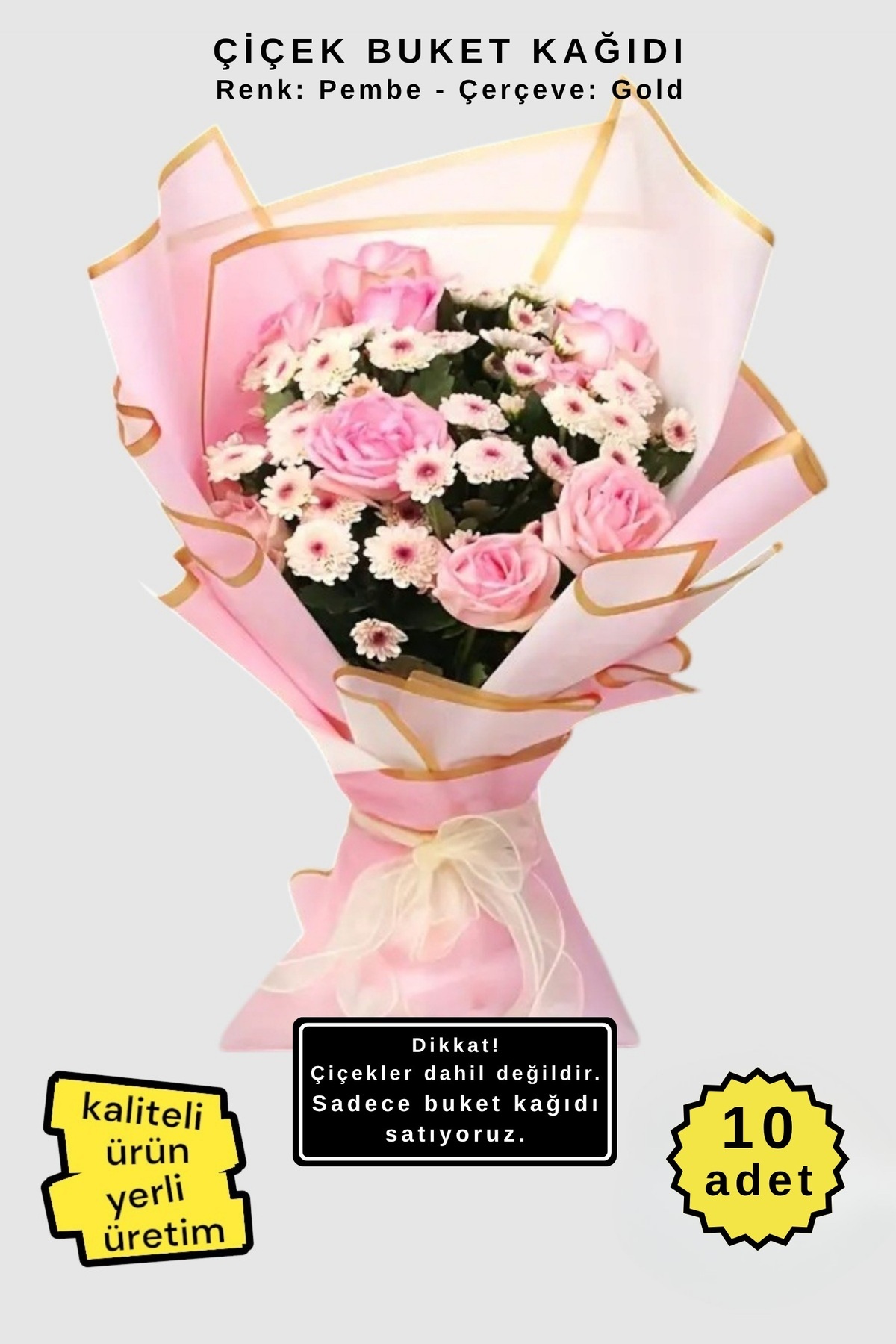 COLORPAK Çiçek Buket Ambalaj Jelatin Kağıdı (PEMBE zemin ve GOLD kenarlı) Mat Opp 55x55cm 10 adet