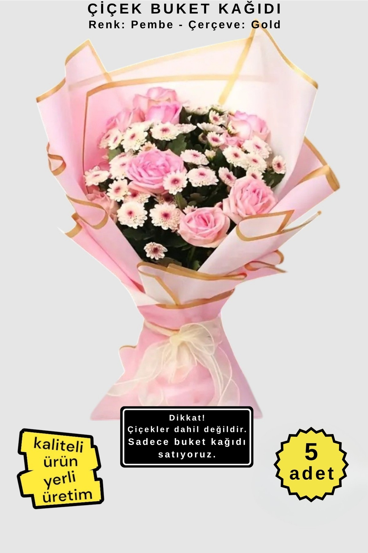 COLORPAK Çiçek Buket Ambalaj Jelatin Kağıdı (PEMBE zemin ve GOLD kenarlı) Mat Opp 55x55cm 5 adet