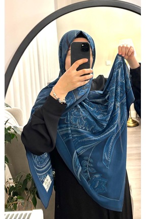 19V69 ITALIA krep kumaş yumuşak dokulu lacivert desenli şal 75*200 etnik dese...