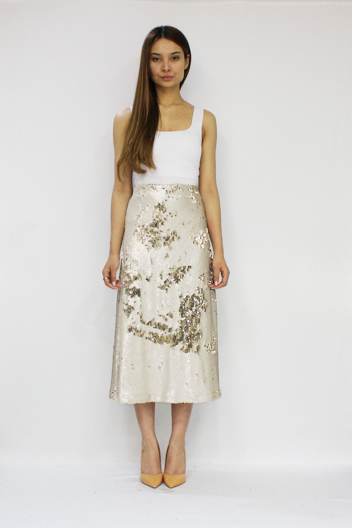 VENTİUP  Altın Rengi Bej Çift Renkli Payetli Uzun Kadın Etek - Görsel 4