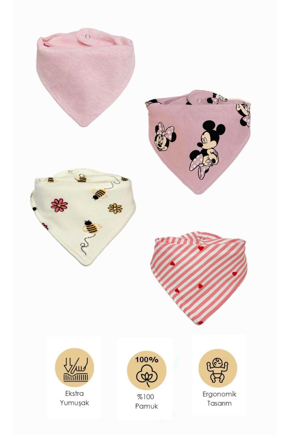 Lumos Trade Kız Bebek Organik Kumaş Çift Katlı Pembe Tonlar Desenli Fular Mama Önlüğü - Salya Önlüğü 4 Adet