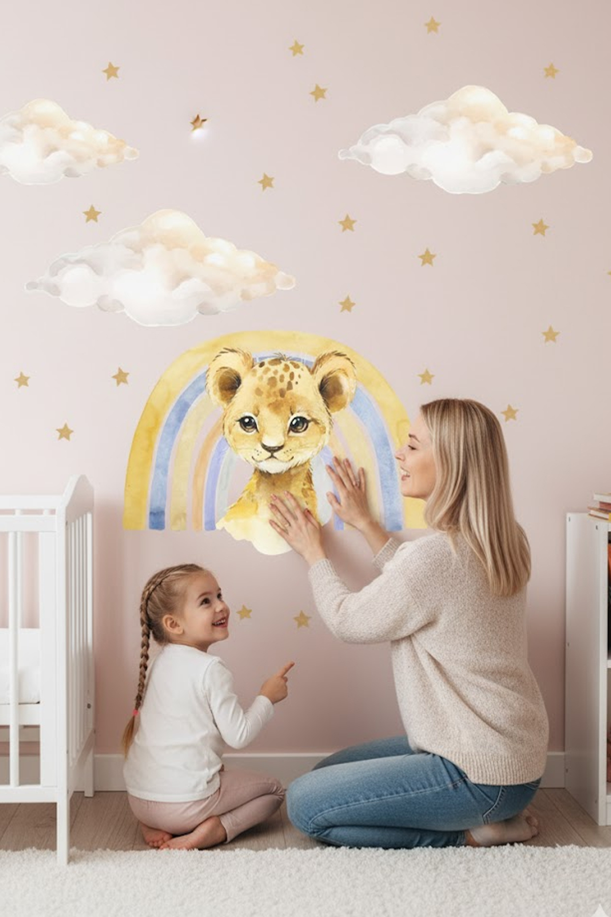 Cute Tiny Lion Rainbow Clouds And Stars Pastel Color Kids Room Wall Stickers Set