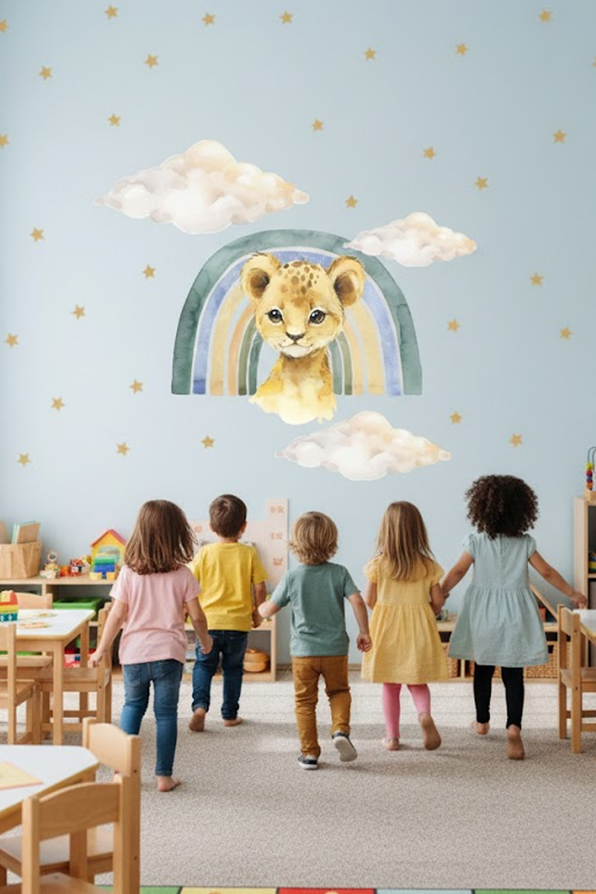 Cute Tiny Lion Rainbow Clouds And Stars Pastel Color Kids Room Wall Stickers Set