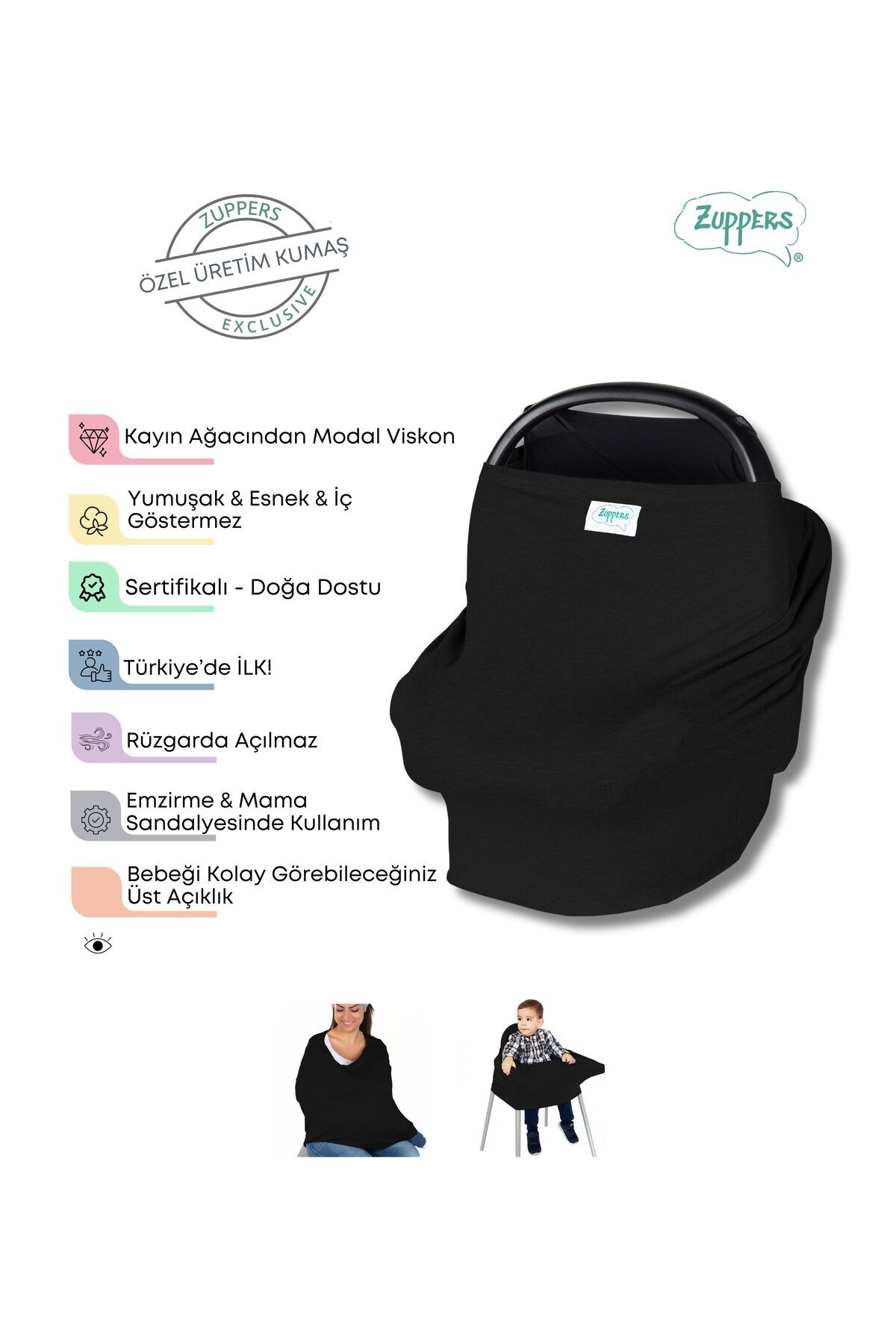 Zuppers Fonksiyonel Puset ve Emzirme Örtüsü - Siyah - Kese Çanta Hediyeli fotoğrafı 2 (önizleme)