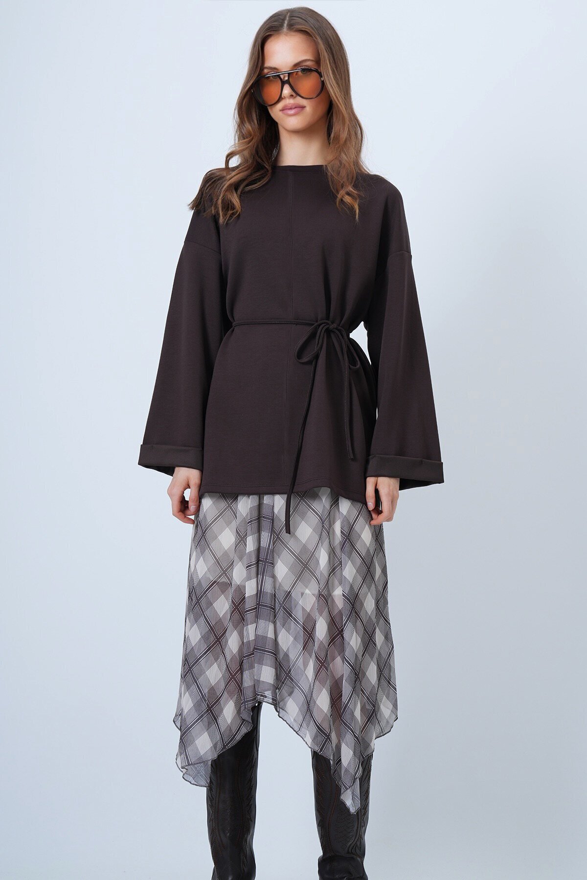 VAGGON Kadın Acı Kahve Bisiklet Yaka Düşük Omuz Bağlamalı Oversize Sweatshirt Vs01339