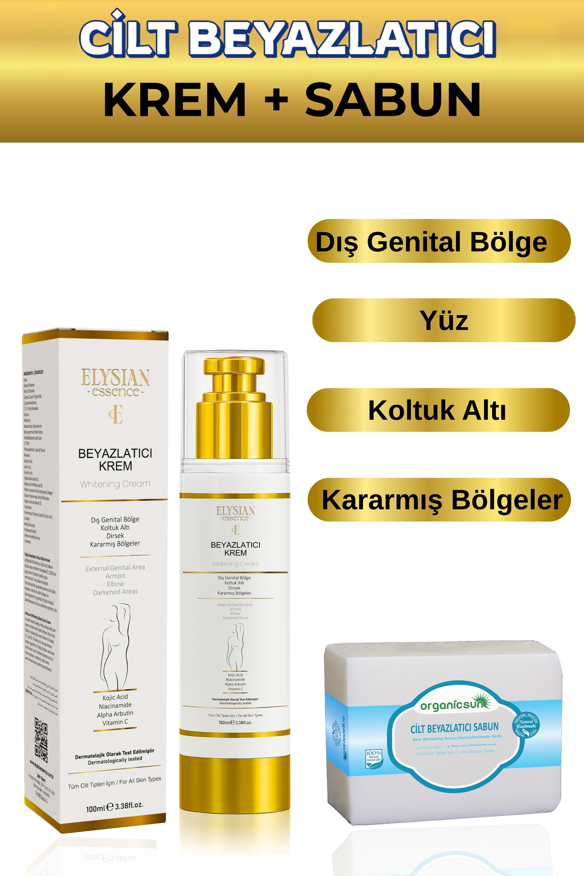 Elysian Essence Cilt Beyazlatıcı Krem + Cilt Beyazlatıcı Sabun Seti - Kararma Giderici, Genital Bölge, Koltuk Altı — 4428set