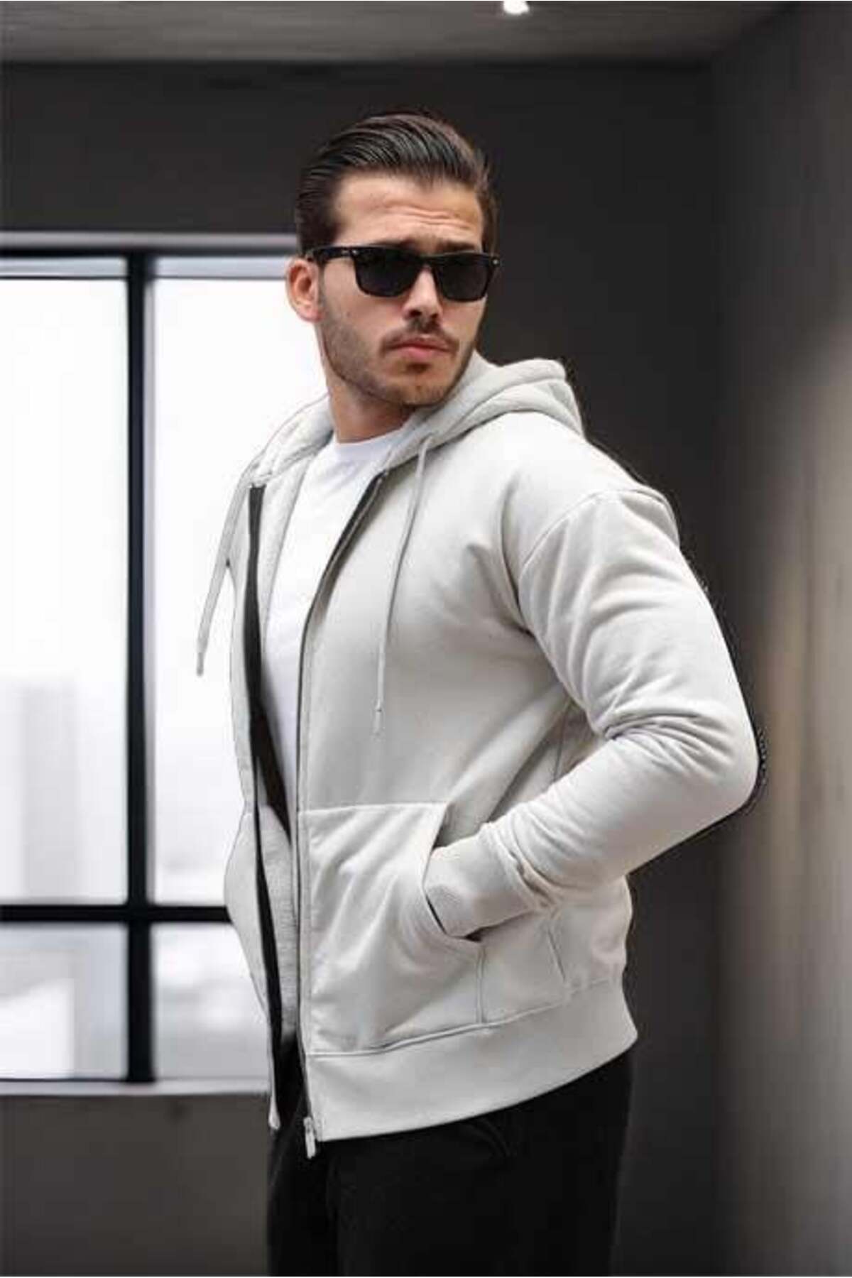 Valiberta İçi Peluş Üç İplik Kumaş Oversize Fermuarlı Kapüşonlu Sweatshirt- Mineral Gri görsel 4