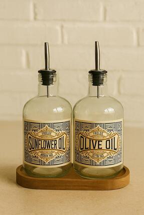 Frolde Ahşap Stantlı 2'li ÇelikTıpalı 750Ml Cam Ayçiçek Yağı Zeytinyağı Şişes...
