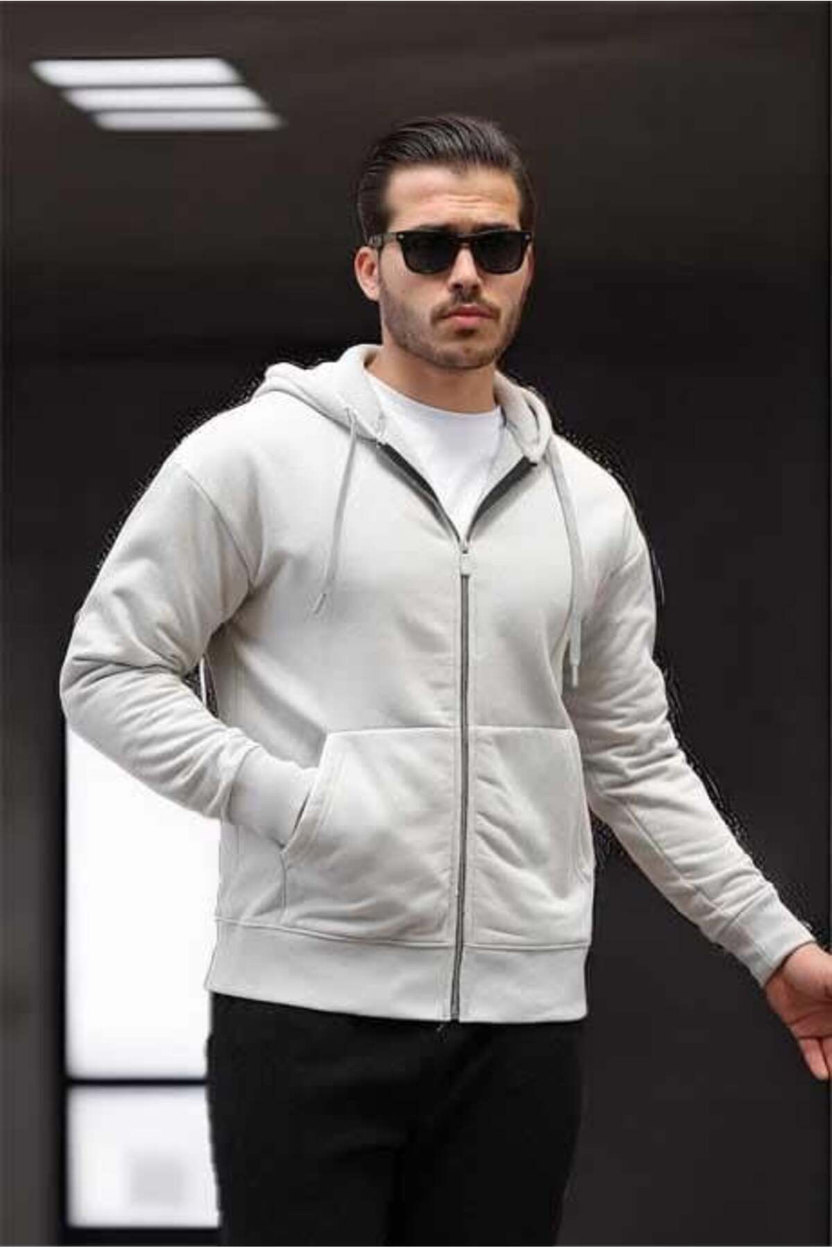 Valiberta İçi Peluş Üç İplik Kumaş Oversize Fermuarlı Kapüşonlu Sweatshirt- Mineral Gri görsel 2