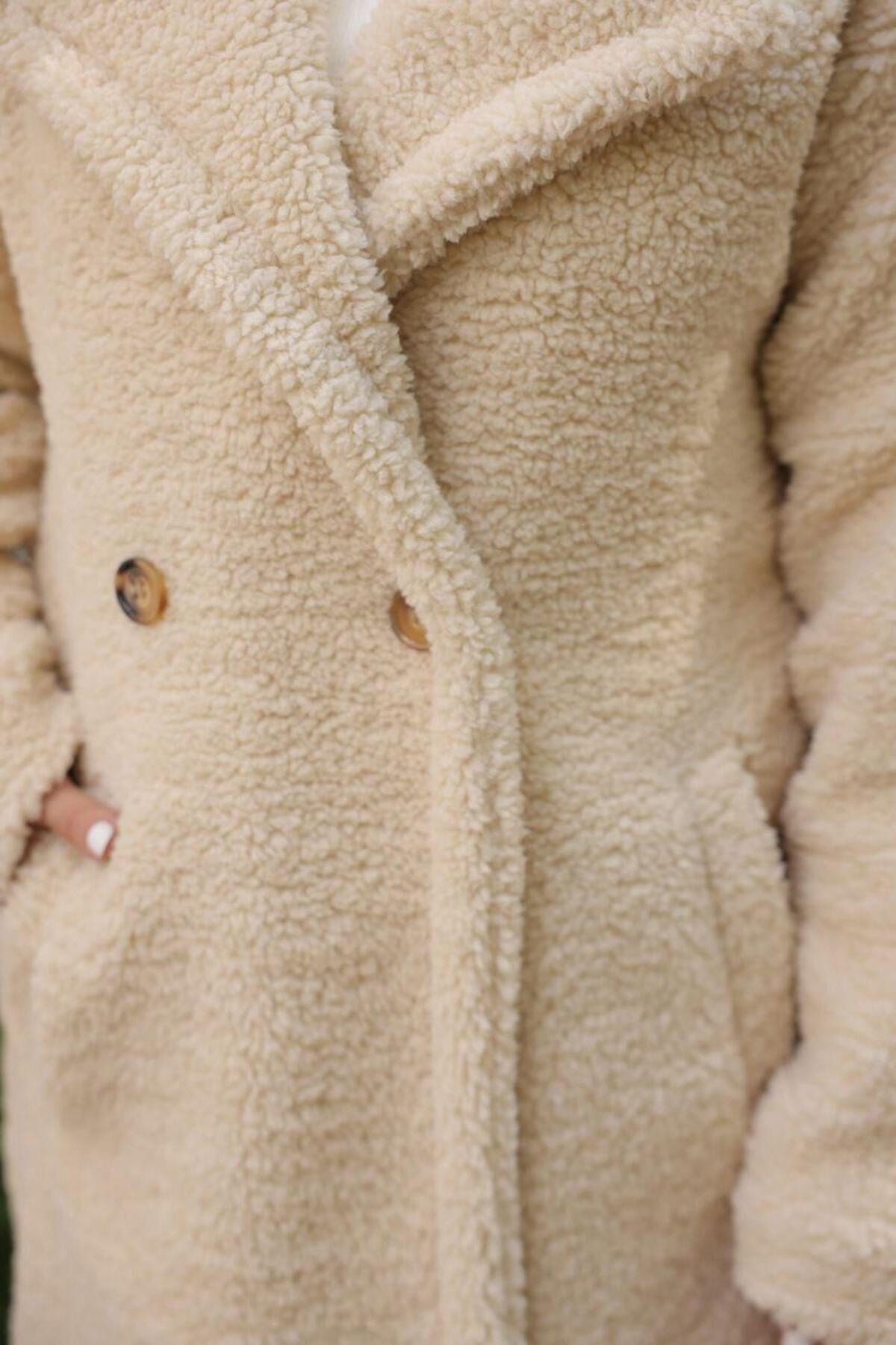 hafsamina  Fleto Cepli Peluş Mont Krem HM2506 - Görsel 7