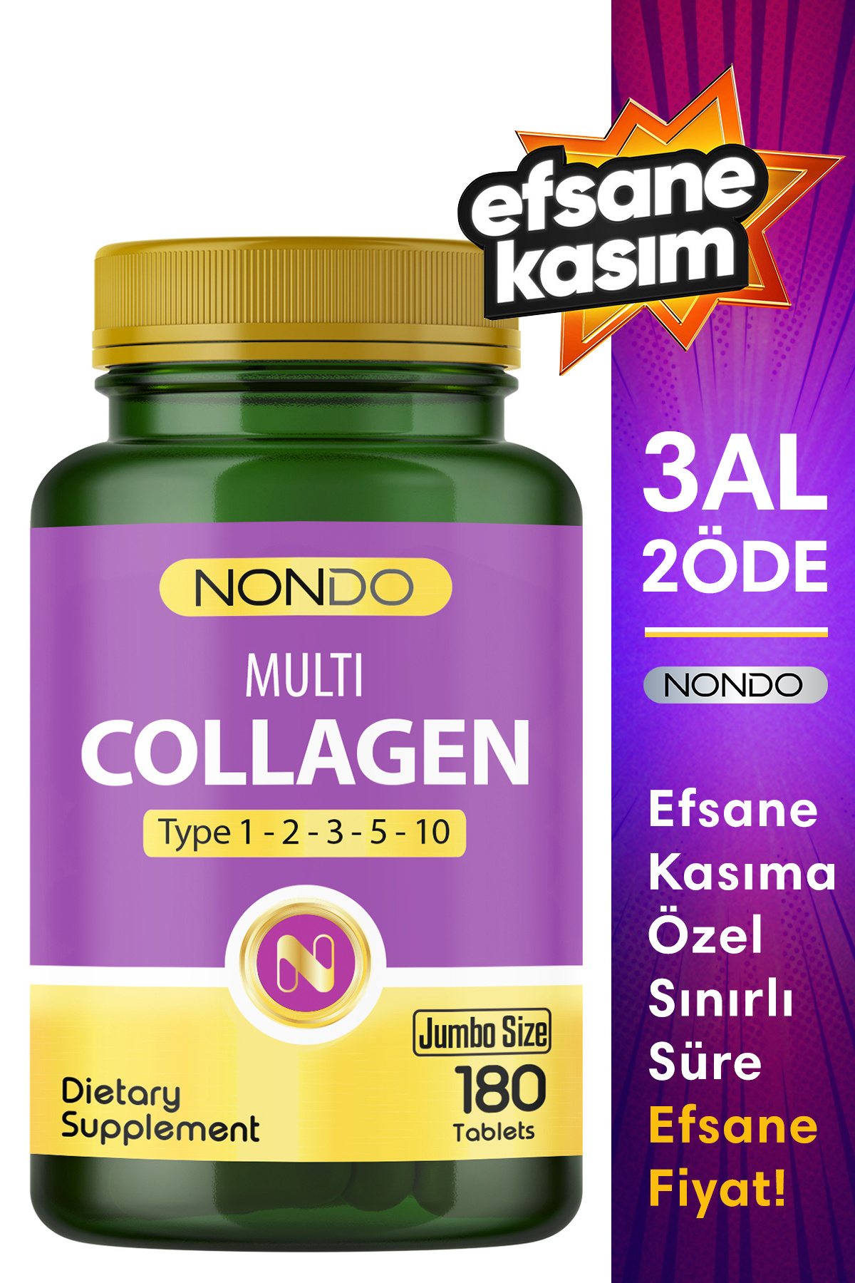 Nondo Multi Kolajen 180 Tablet (jumbo Boy 5 Çeşit Kolajen Tip 1-2-3-5-10 Hyalüronik Asit Çinko )