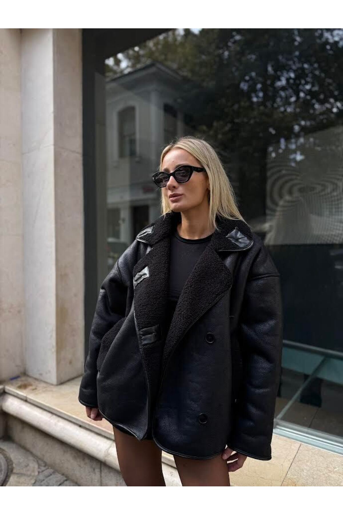 NET OF NOT Else Siyah Dokulu Süet Içi Peluşlu Oversize Zr Model Mont görsel 2