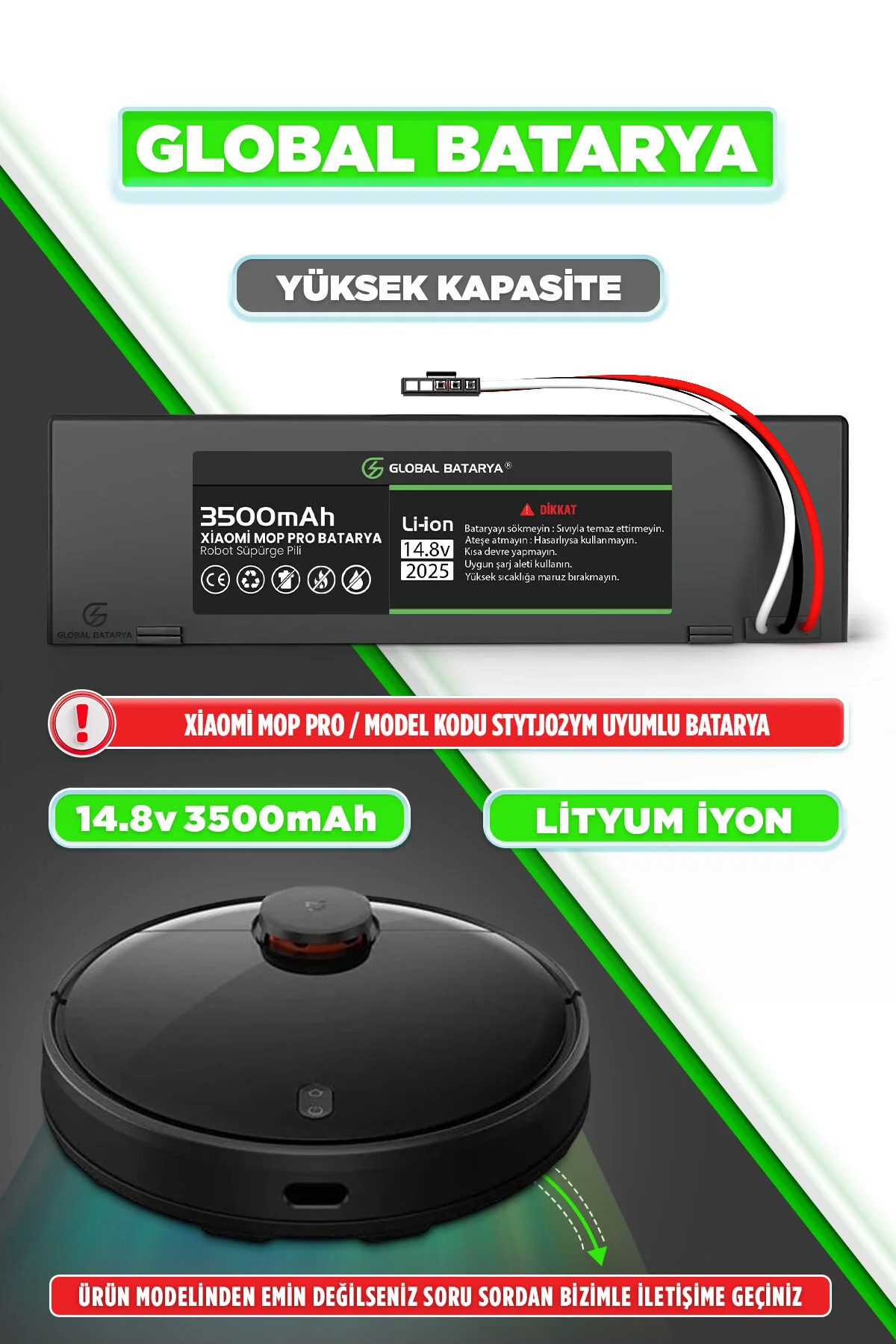 GLOBAL BATARYA Xiaomi Mi Vacuum Mop Pro Uyumlu Akıllı Robot Süpürge Bataryası 14.8v 3500mah Pil (YÜKSEK KAPASİTE)