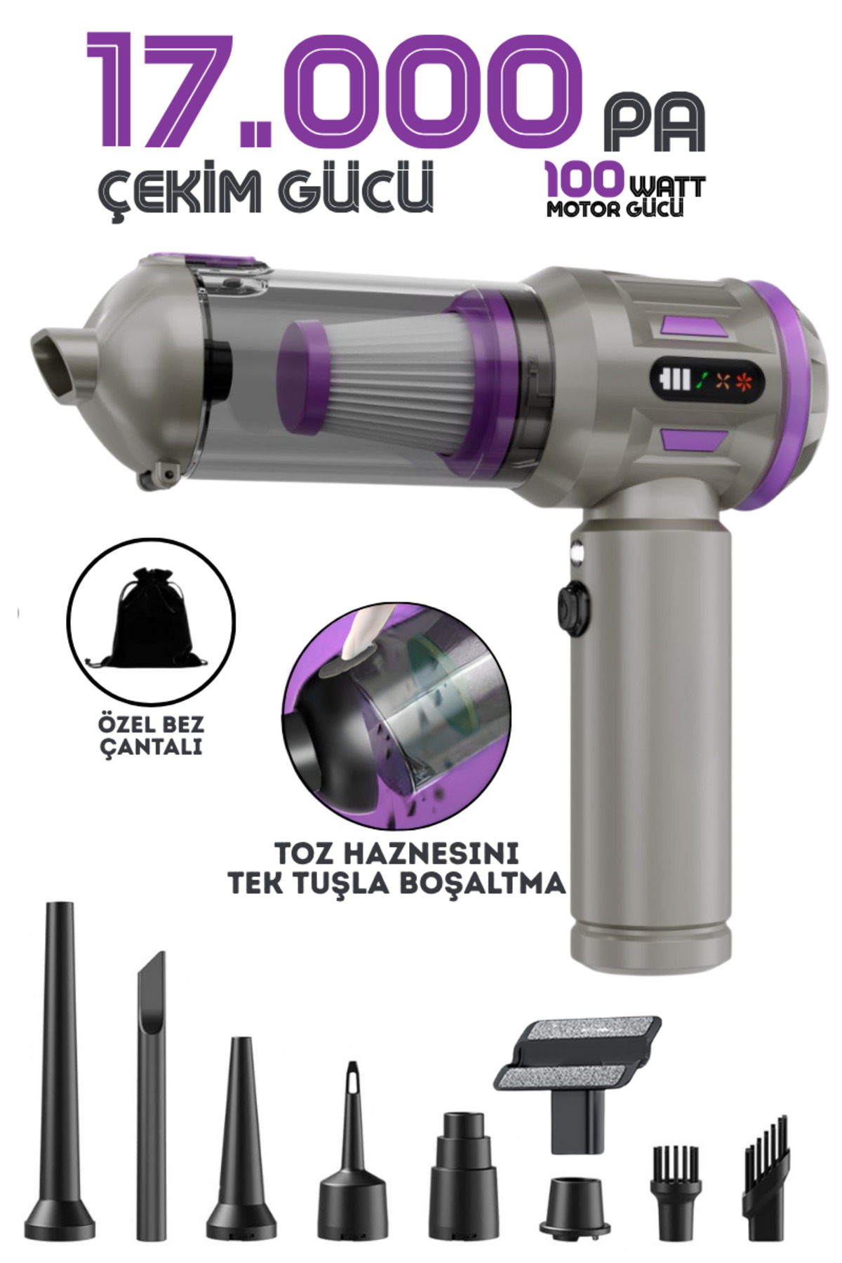 Enshall Technology 17000PA Auhma Ultra Güçlü Göstergeli 100W LEd ışıklı Mor Araç İçi Süpürge