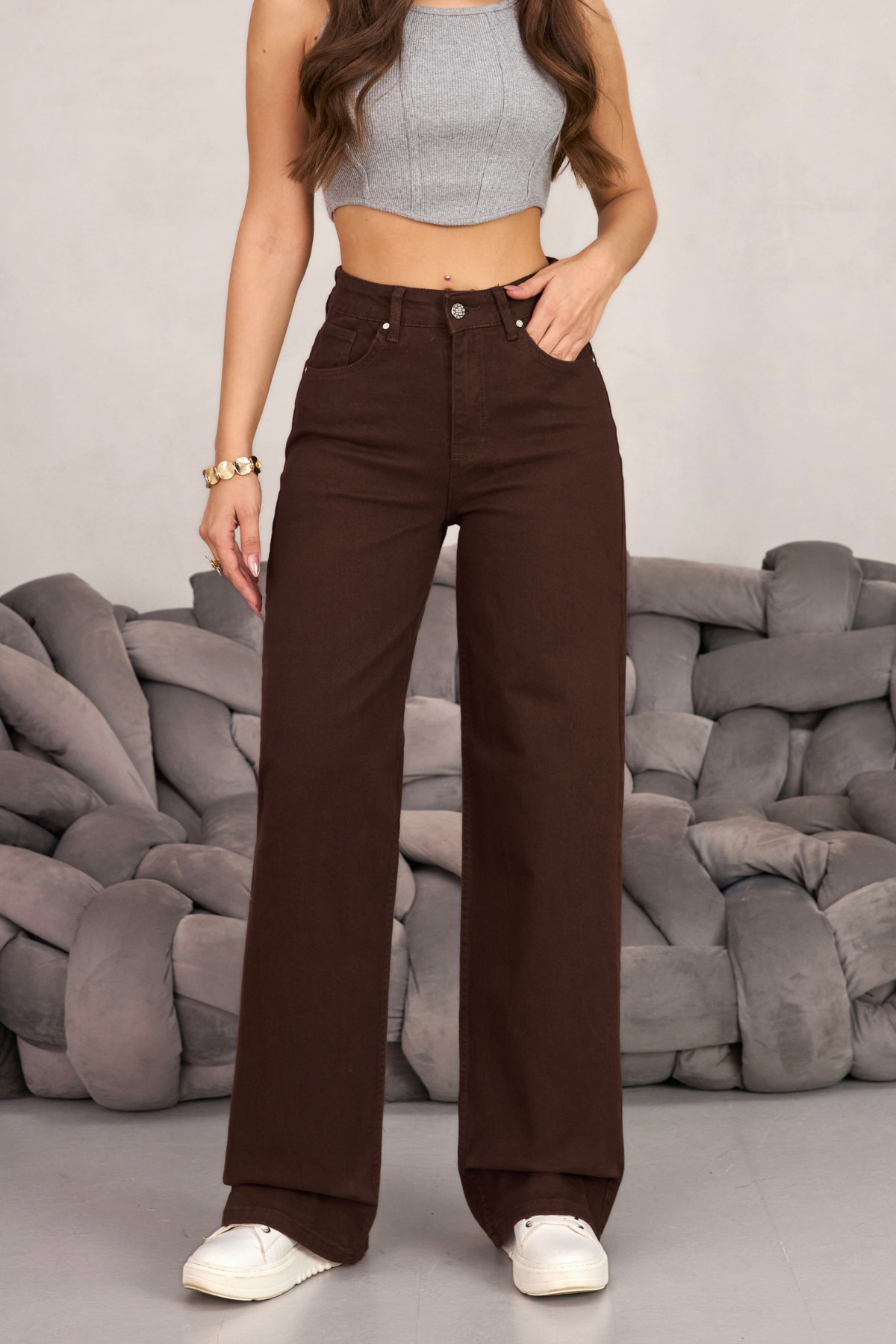 BİKELİFE Braune Palazzo-Hose mit weitem Bein und hoher Taille für Damen