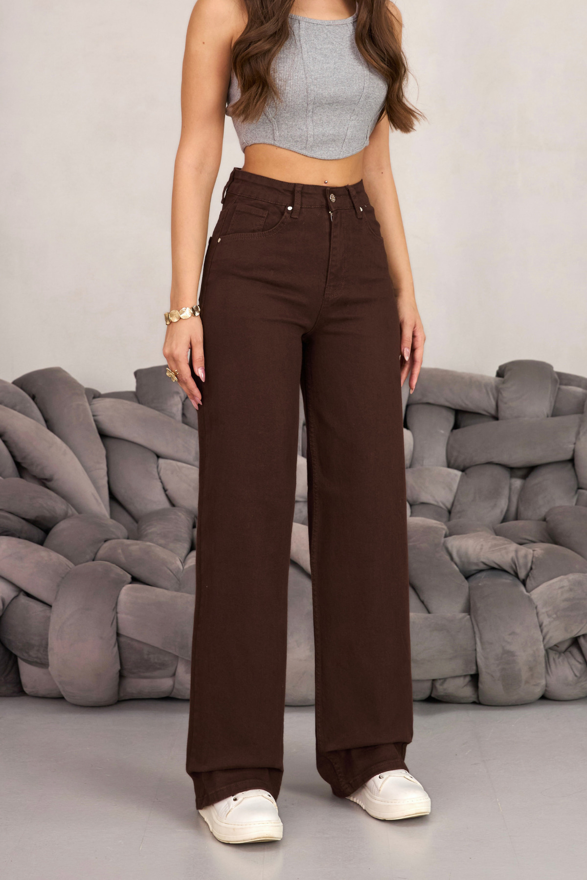 BİKELİFE Braune Palazzo-Hose mit weitem Bein und hoher Taille für Damen