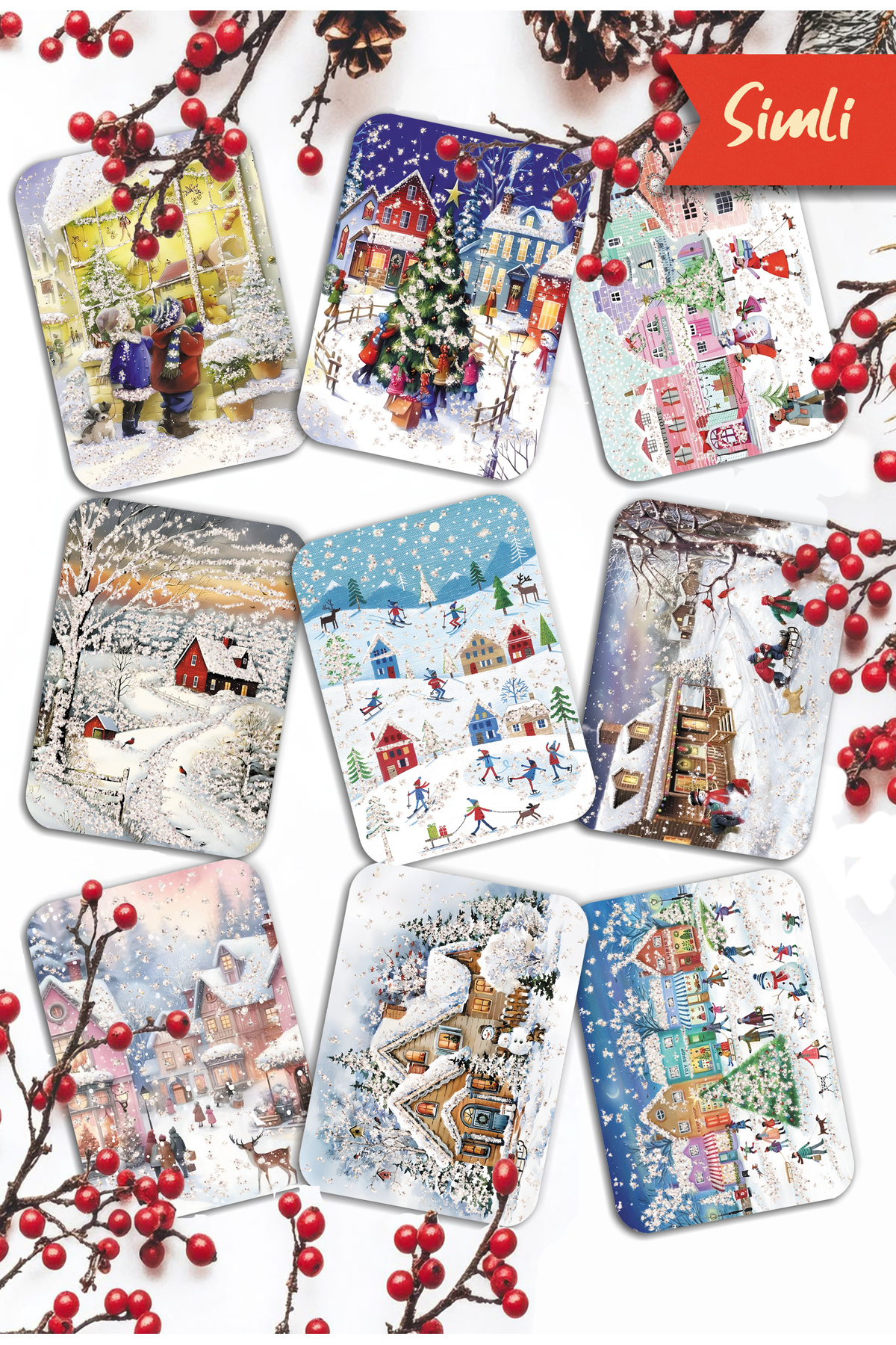 Mia Pera 9lu Simli Yılbaşı Kartpostal Seti Yeniyıl Kış Manzara Nostalji