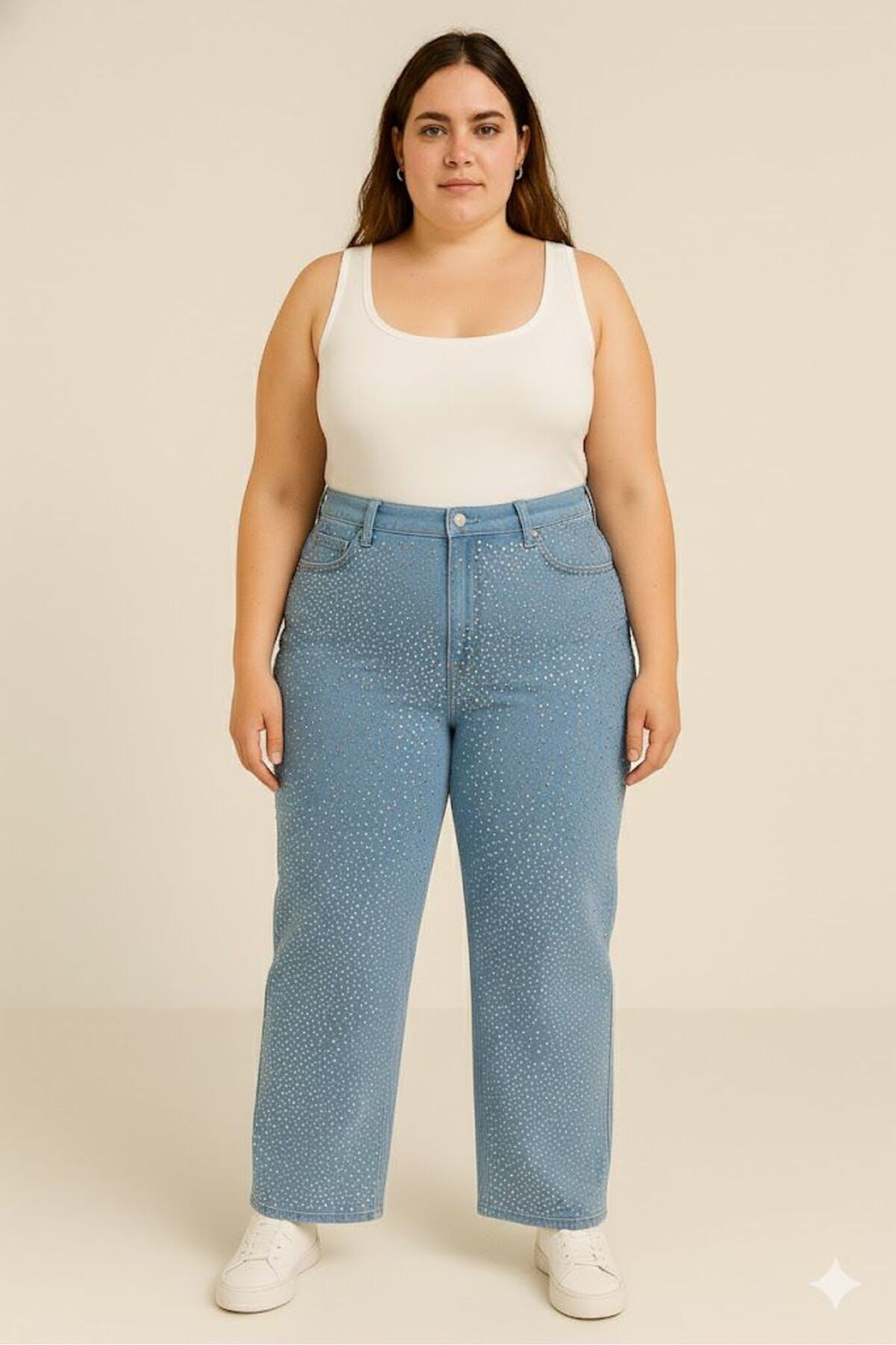 N&D KADIN-BÜYÜK BEDEN JEANS GENİŞ PAÇA SERPME TAŞLI KOT PANTOLON