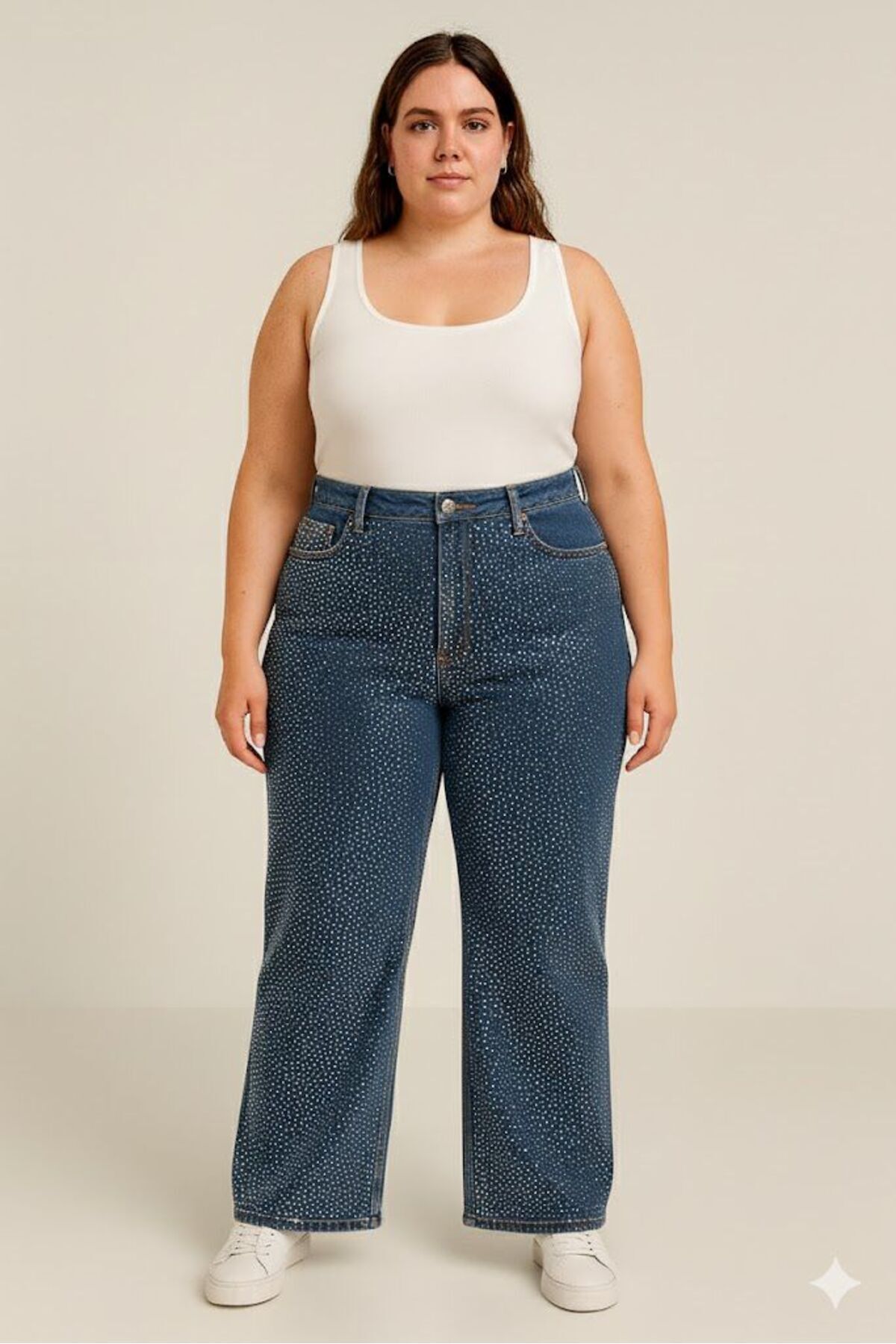 N&D KADIN-BÜYÜK BEDEN JEANS GENİŞ PAÇA SERPME TAŞLI KOT PANTOLON