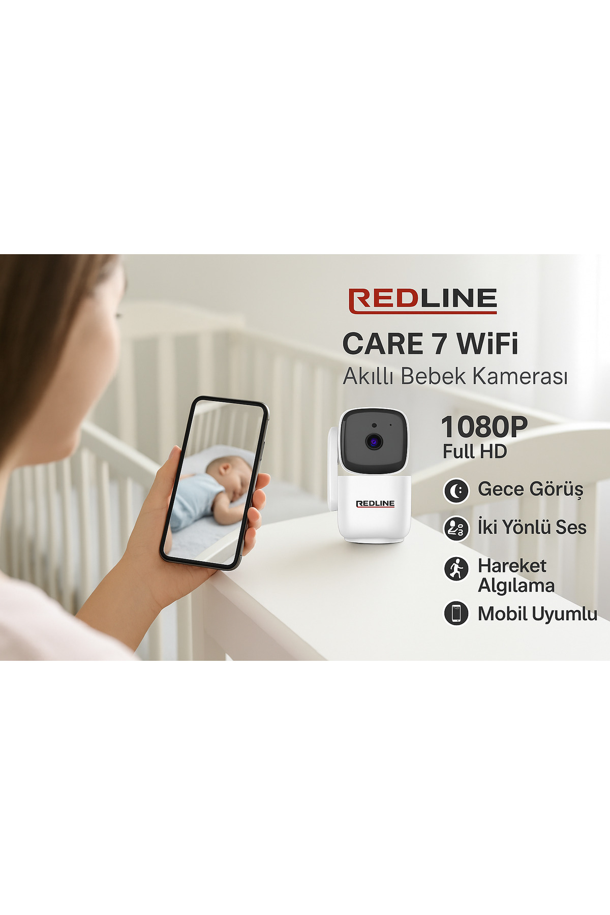 Redline Care 7 WiFi Akıllı Bebek Kamerası | Gece Görüşlü, Hareket Takipli, Mobil Uyumlu Kamera fotoğrafı 2 (önizleme)