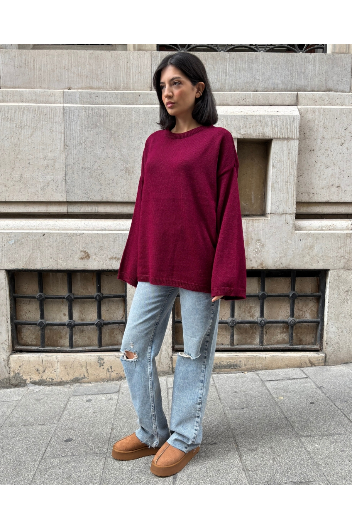 Kadın Bordo Oversize Bisiklet Yaka Triko Kazak