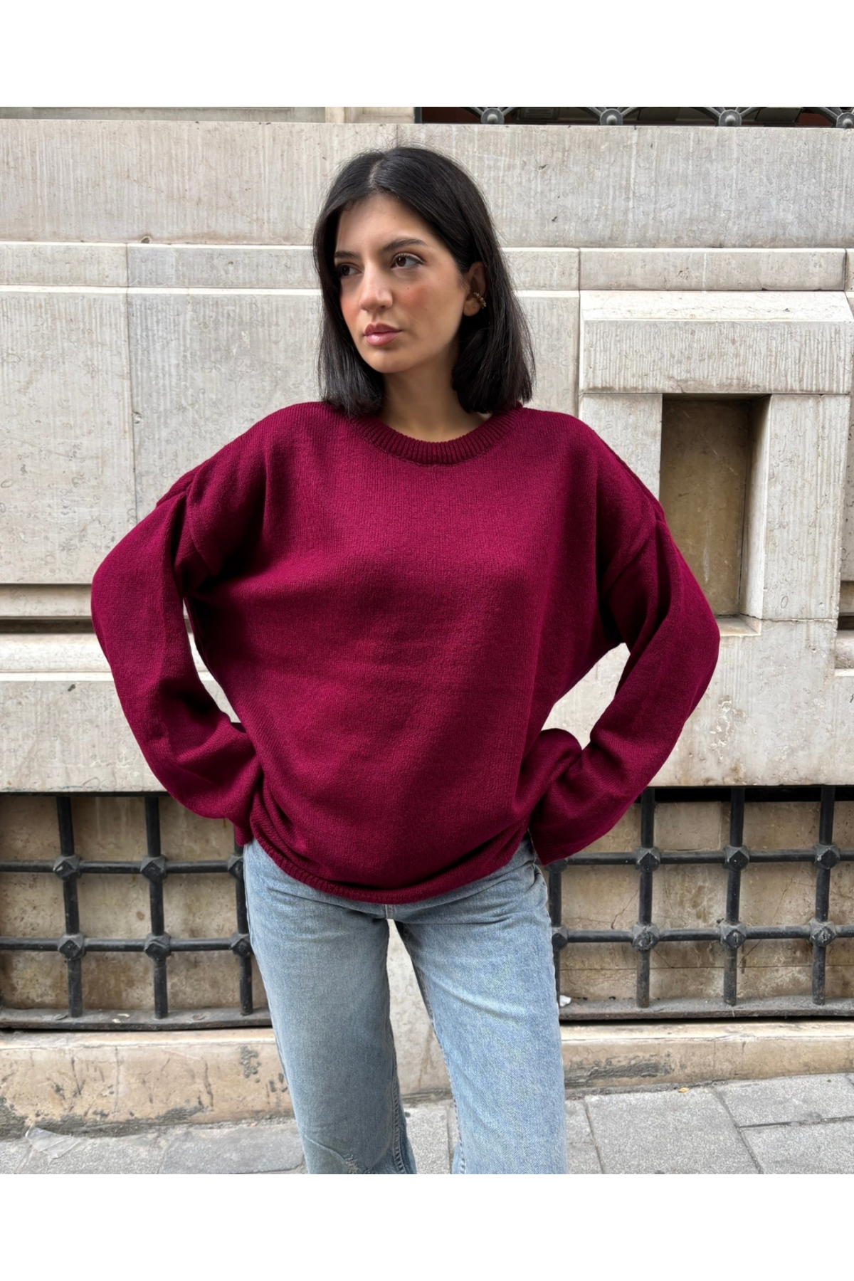 Kadın Bordo Oversize Bisiklet Yaka Triko Kazak