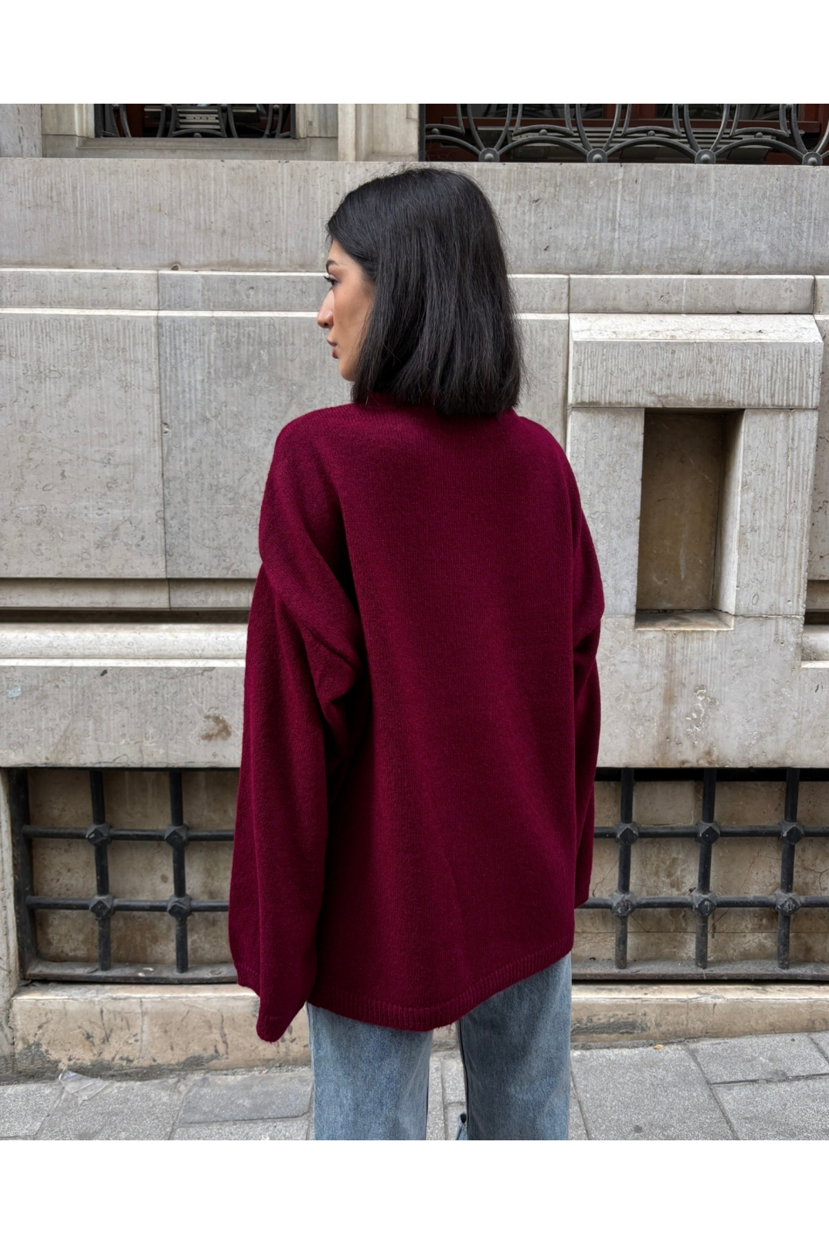 Kadın Bordo Oversize Bisiklet Yaka Triko Kazak