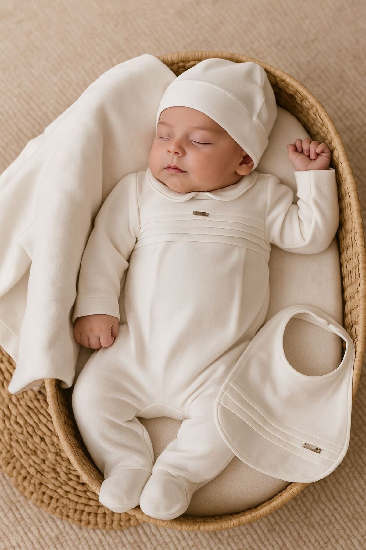 Babydola Erkek bebek organik beyaz bebe yaka hastane çıkış seti 4 parça fotoğrafı 5 (önizleme)