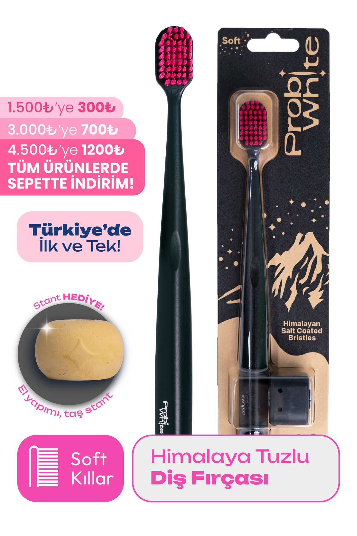 Probident Probiwhite Himalaya Tuzlu Doğal Vegan Diş Fırçası El Yapımı Stant Hediye