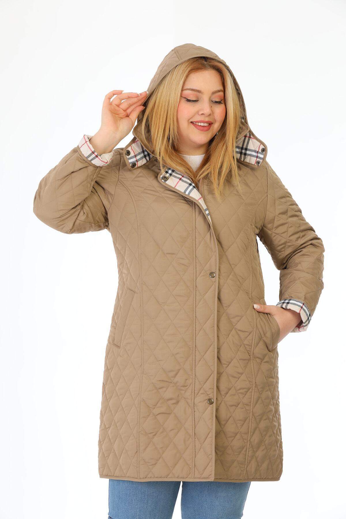 TUTveAL Collection Kadın Uzun Suya Dayanıklı Kapitone Kapüşonlu Kapitone Mont Büyük Beden Kapitone Ekoseli Kapitone