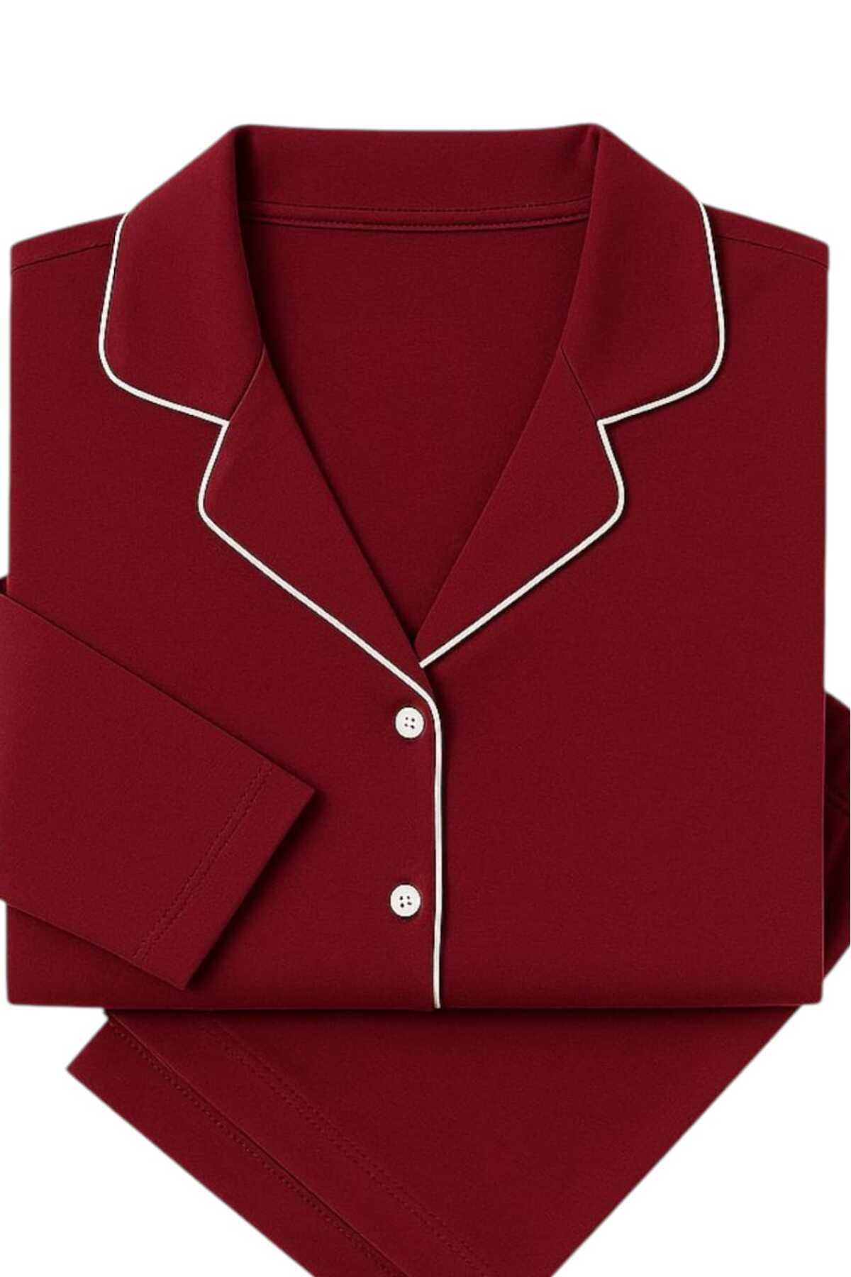 Sude HOMEWEAR Kadın Bordo Renk Biyeli Pamuklu Uzun Kol Gömlek Pijama Takımı görsel 4